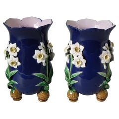 Pair of Minton Majolica Spring Daffodil Vases