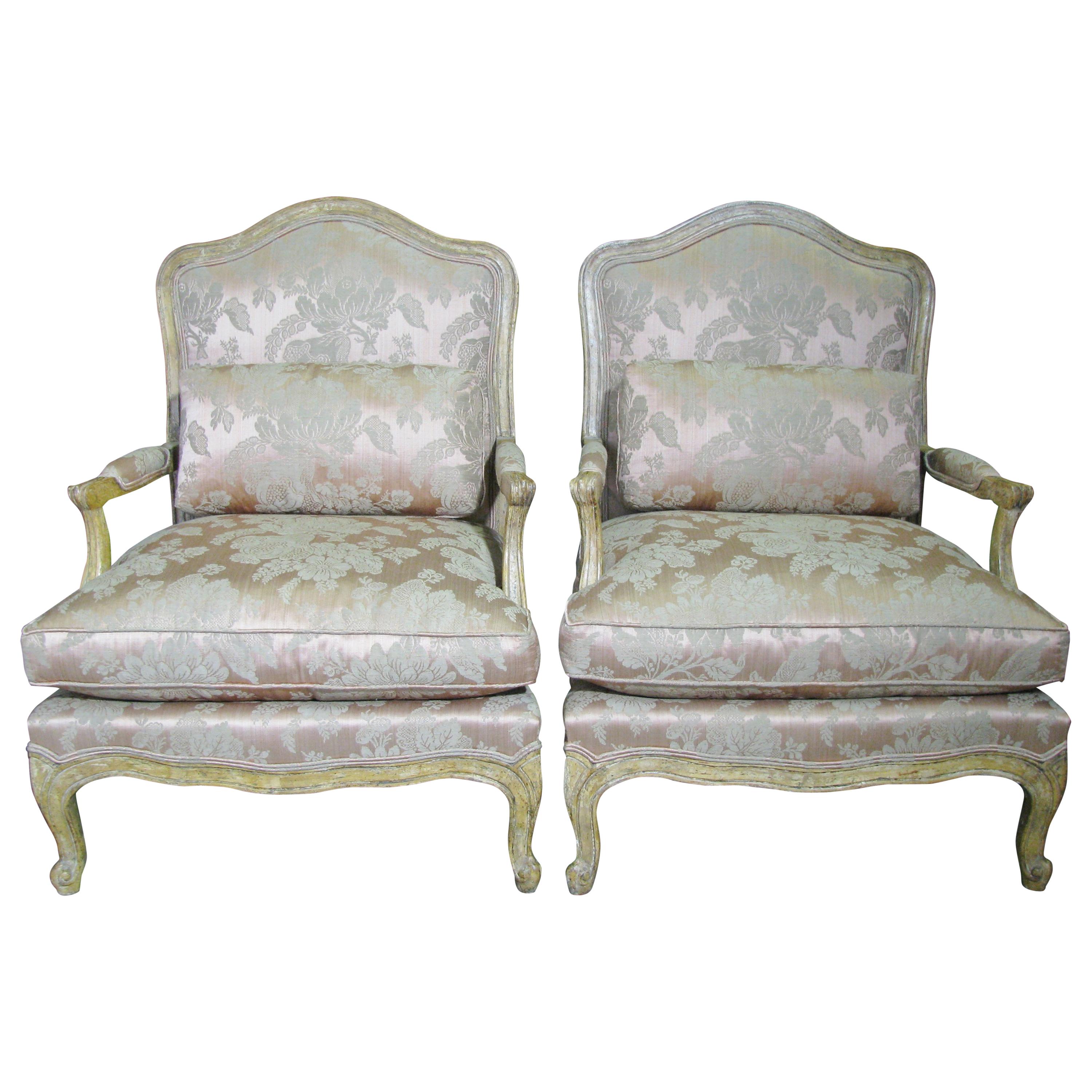 Pair of Minton-Spidell French Louis XV Style Open Armchairs