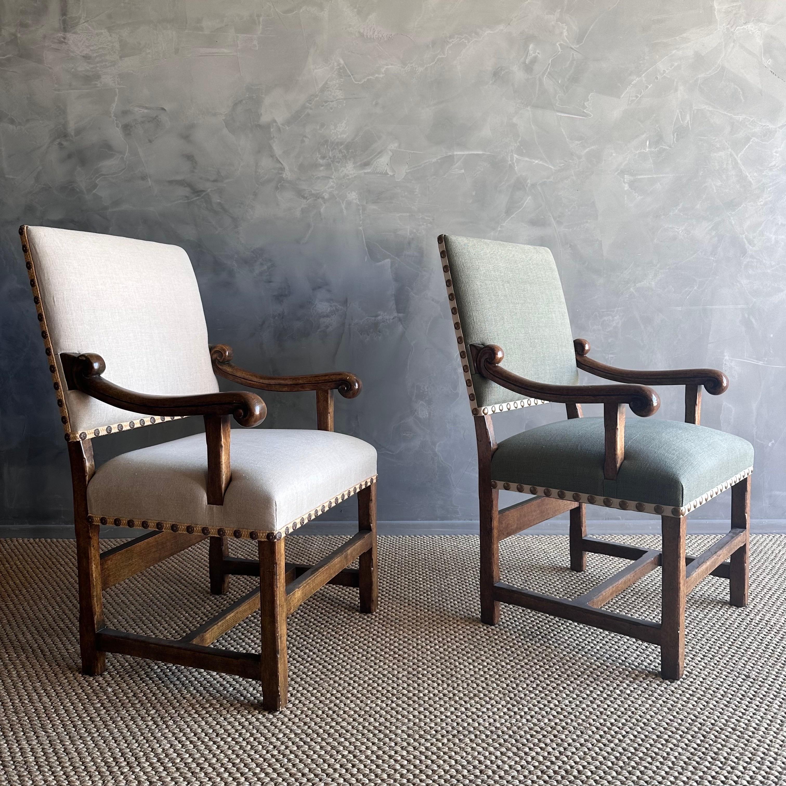 American Pair of Minton Spidell Upholstered Fruitwood Arm Side Chairs