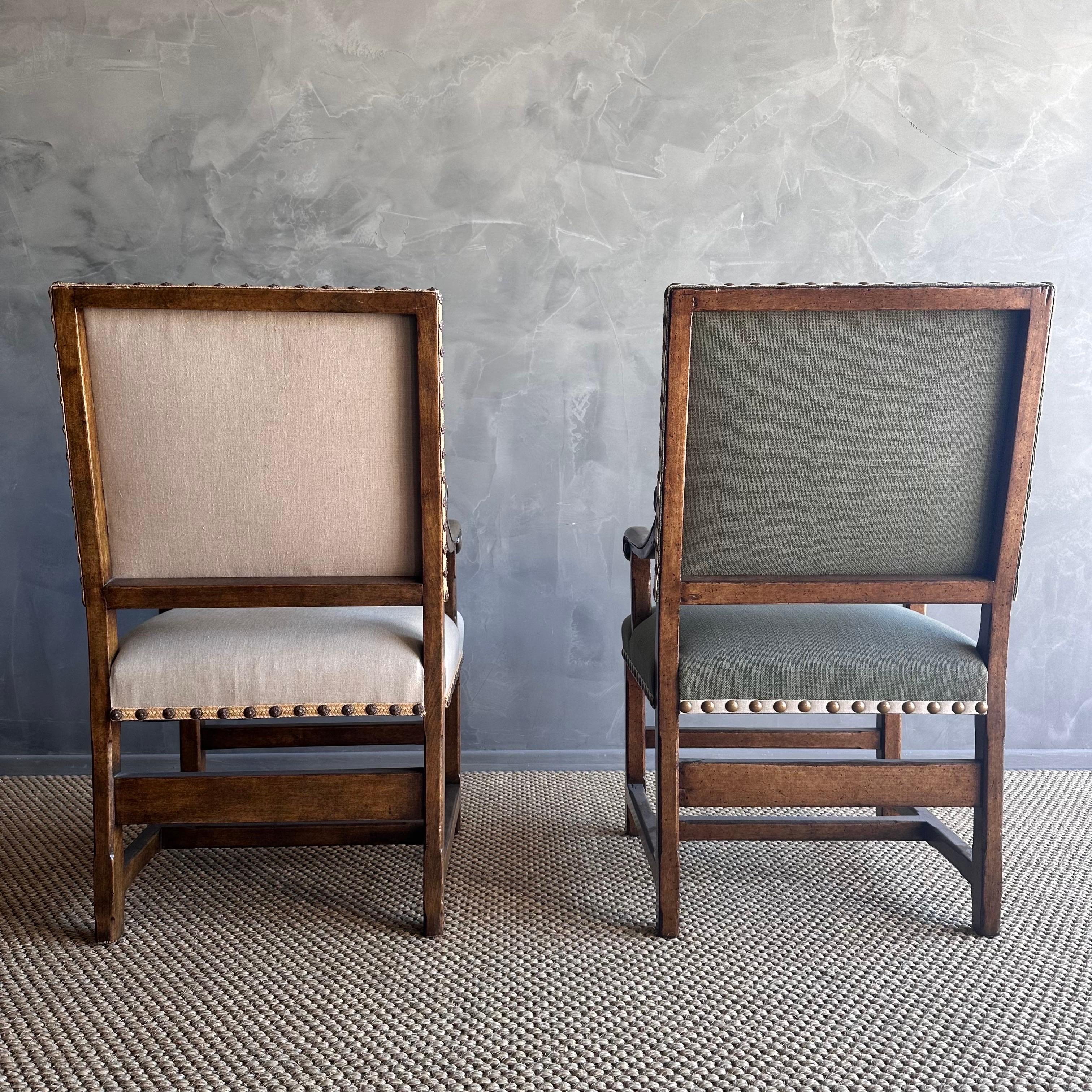 Pair of Minton Spidell Upholstered Fruitwood Arm Side Chairs In Good Condition In Old Town Orange, CA
