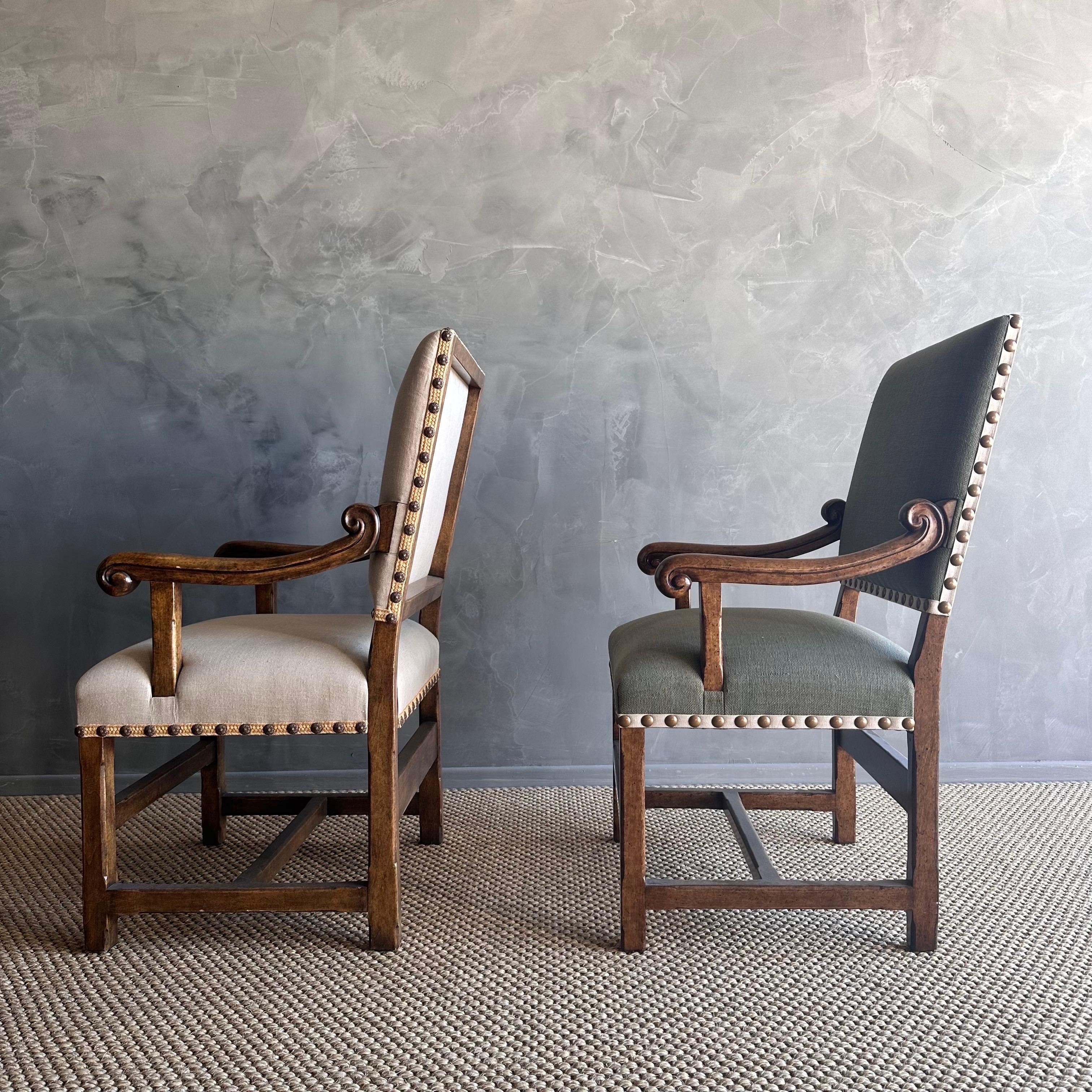 20th Century Pair of Minton Spidell Upholstered Fruitwood Arm Side Chairs