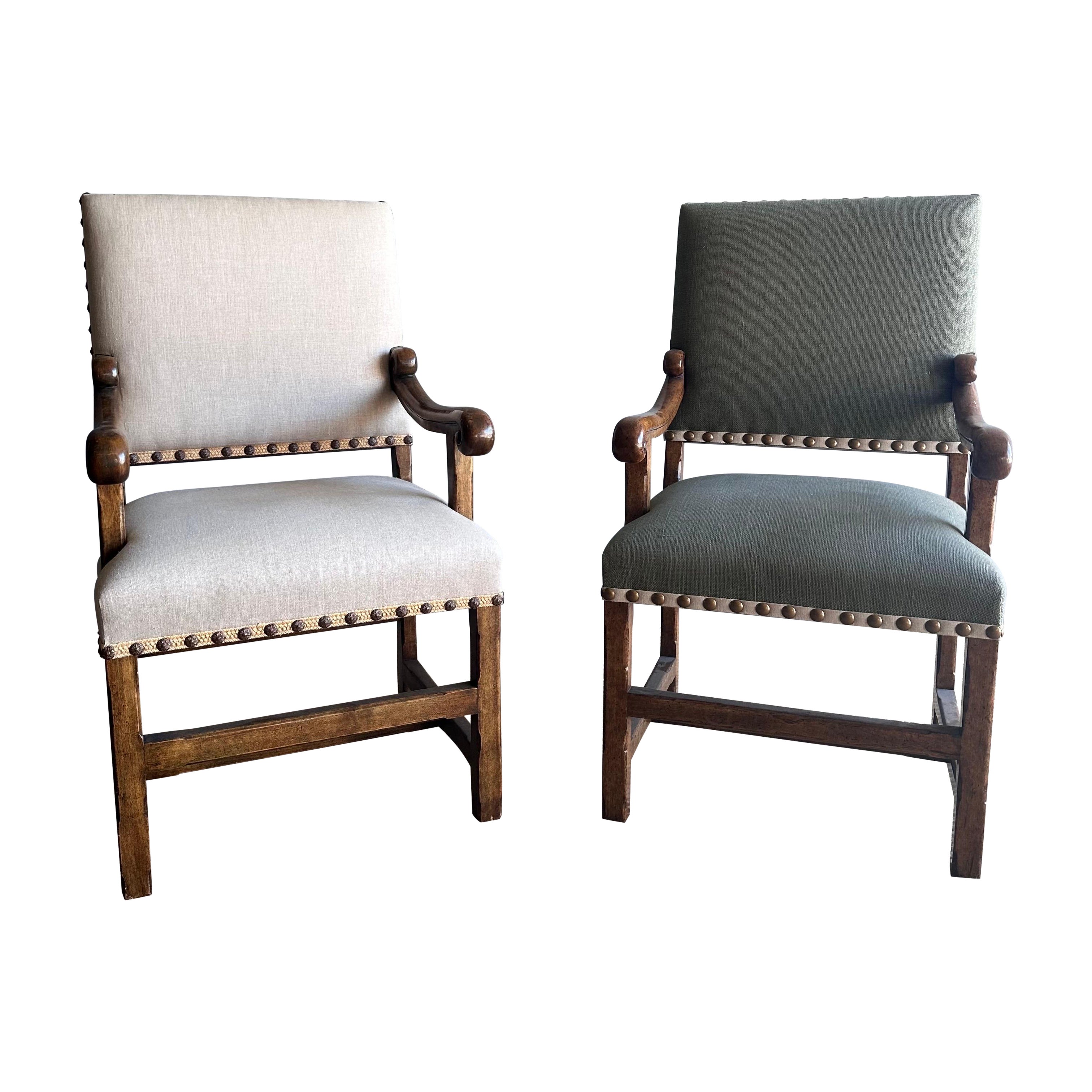 Pair of Minton Spidell Upholstered Fruitwood Arm Side Chairs