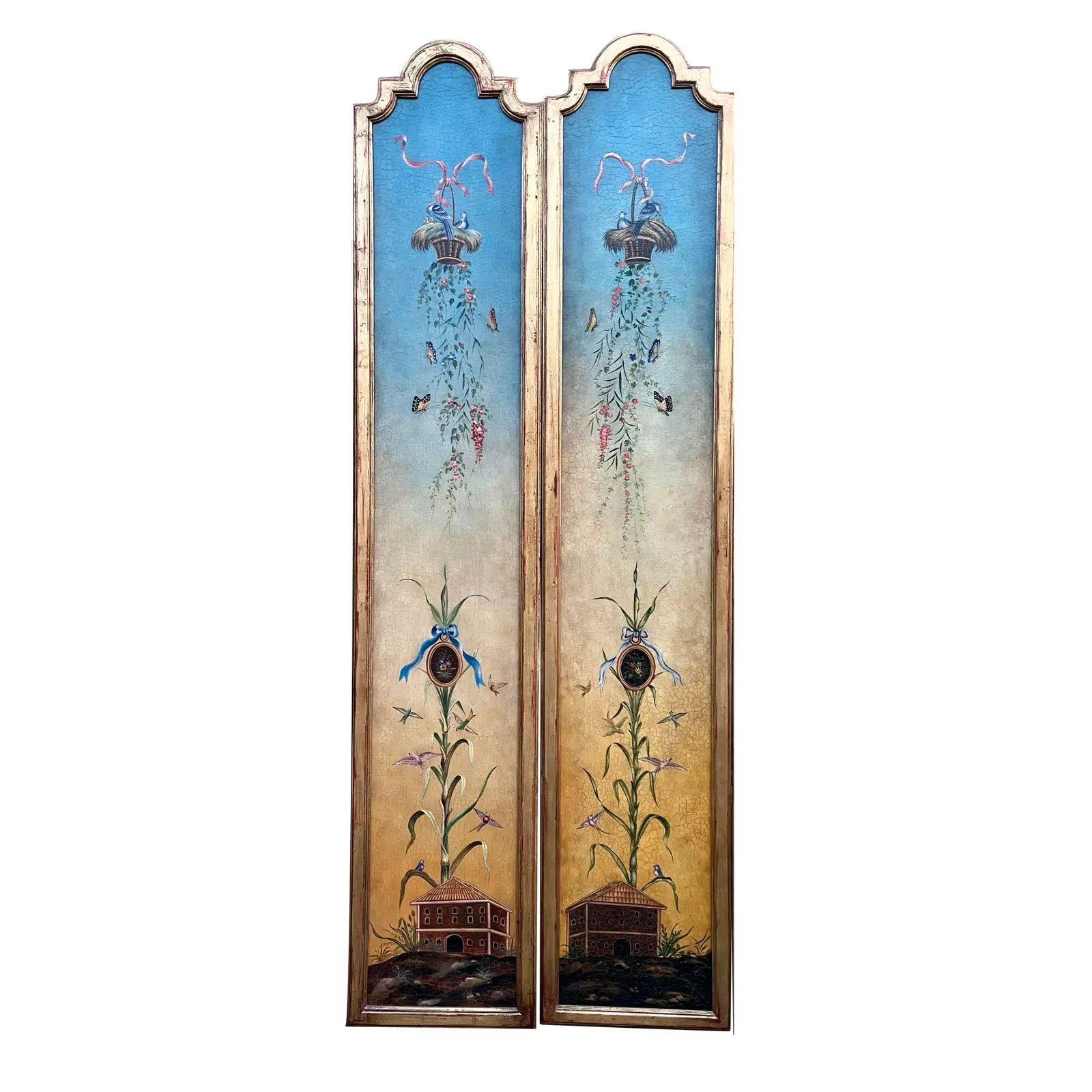Giltwood Pair of Minton-Spidell Vintage Hand Painted Scenic Diptych Oil Painting Panels For Sale