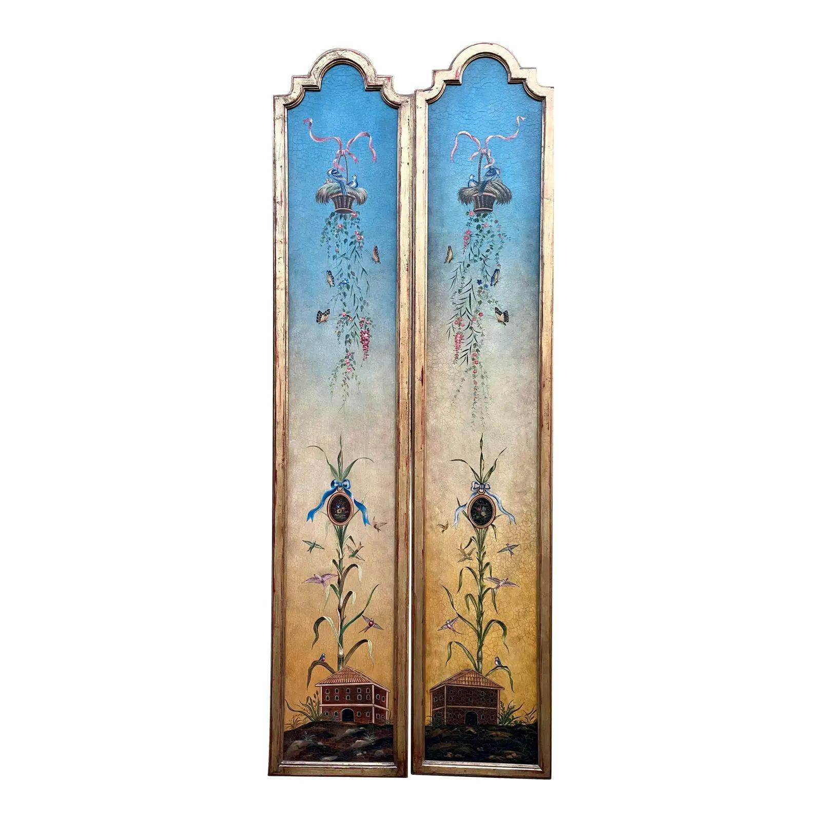 Pair of Minton-Spidell Vintage Hand Painted Scenic Diptych Oil Painting Panels For Sale