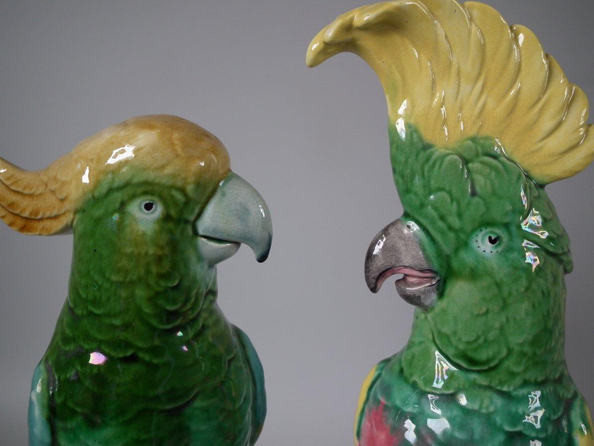 Early 20th Century Pair of Mintons Majolica Parrots or Cockatoos