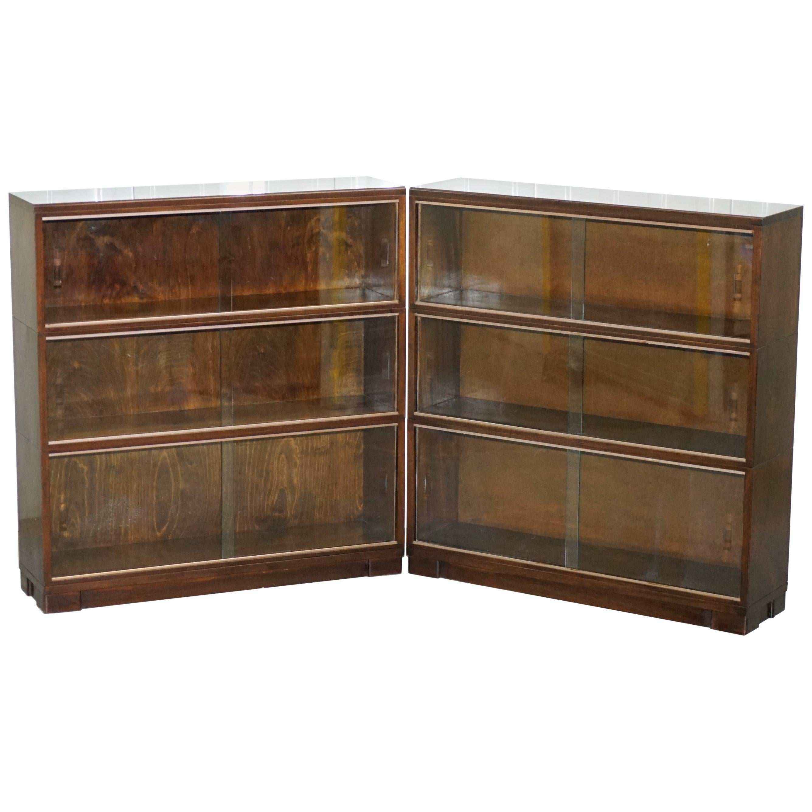 Pair of Minty Oxford Modular Stacking Mahogany Library Bookcases Glass Doors