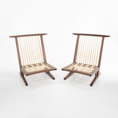Pair of Mira Nakashima Conoid Cushion Lounge Chairs in Black Walnut with Fabric