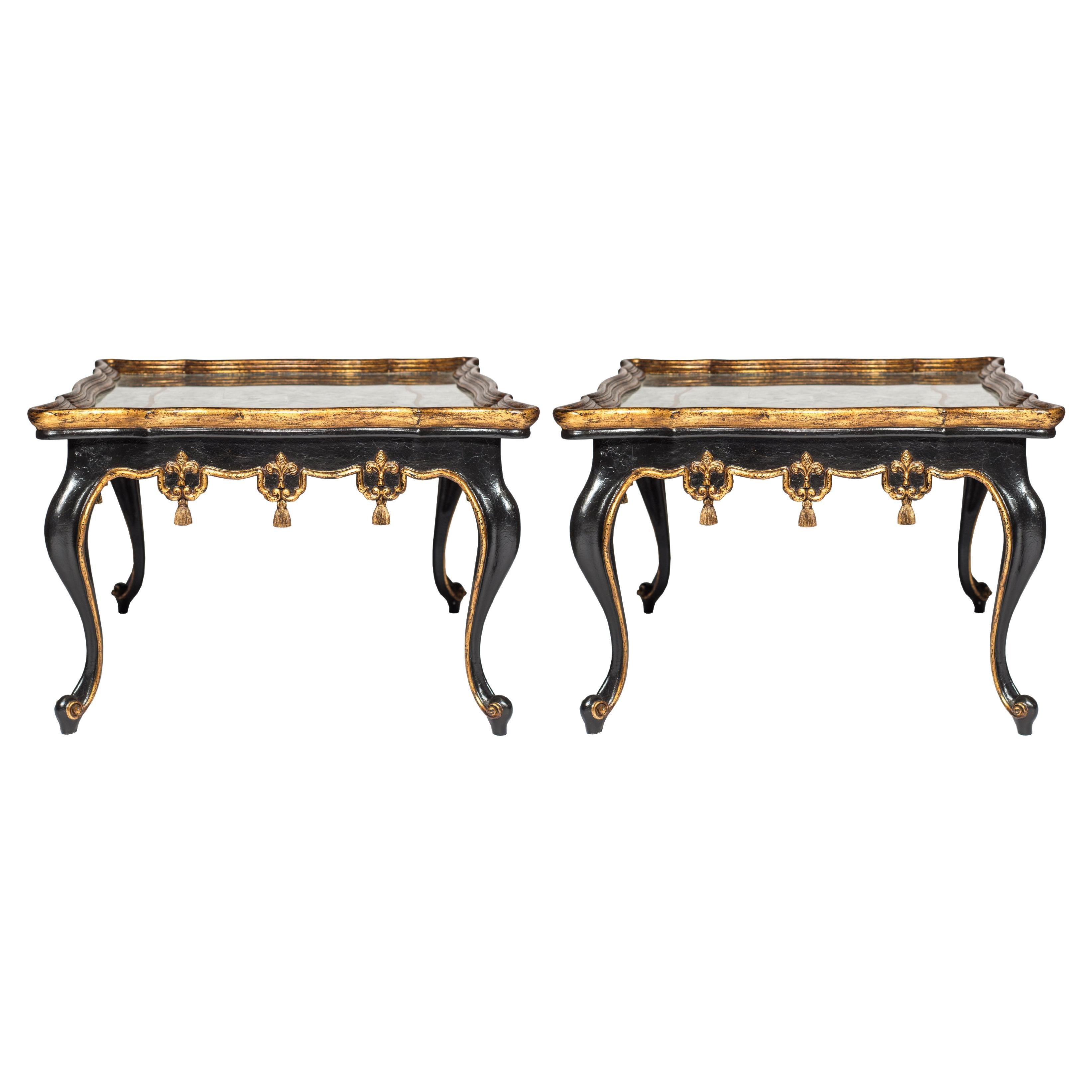Pair of Mirrored Verre Eglomise Carved Side Tables with Gilding For Sale