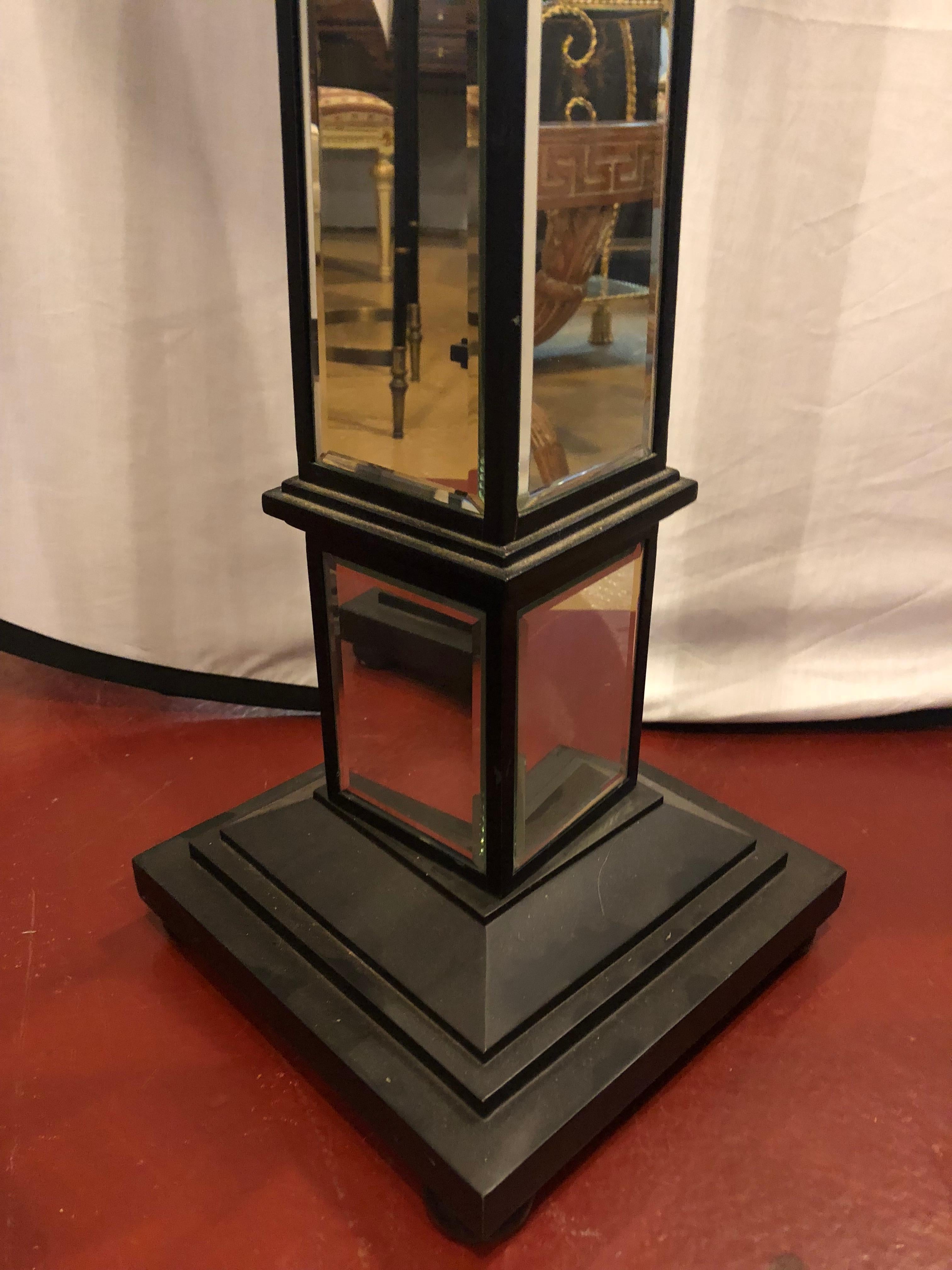 Pair of Mirror and Ebony Obelisk Style Floor Lamps 5