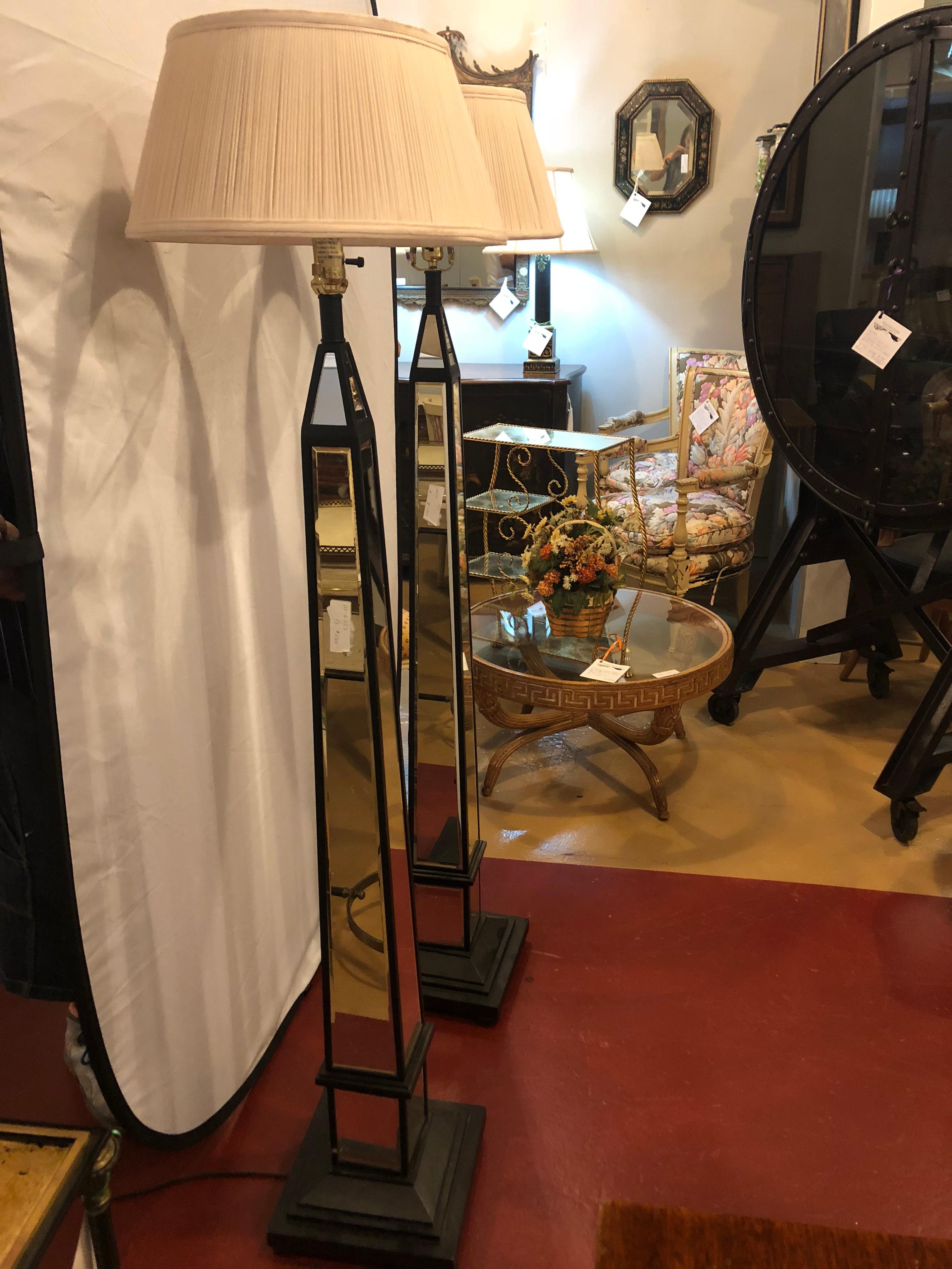 Pair of Mirror and Ebony Obelisk Style Floor Lamps In Good Condition In Manhasset, NY
