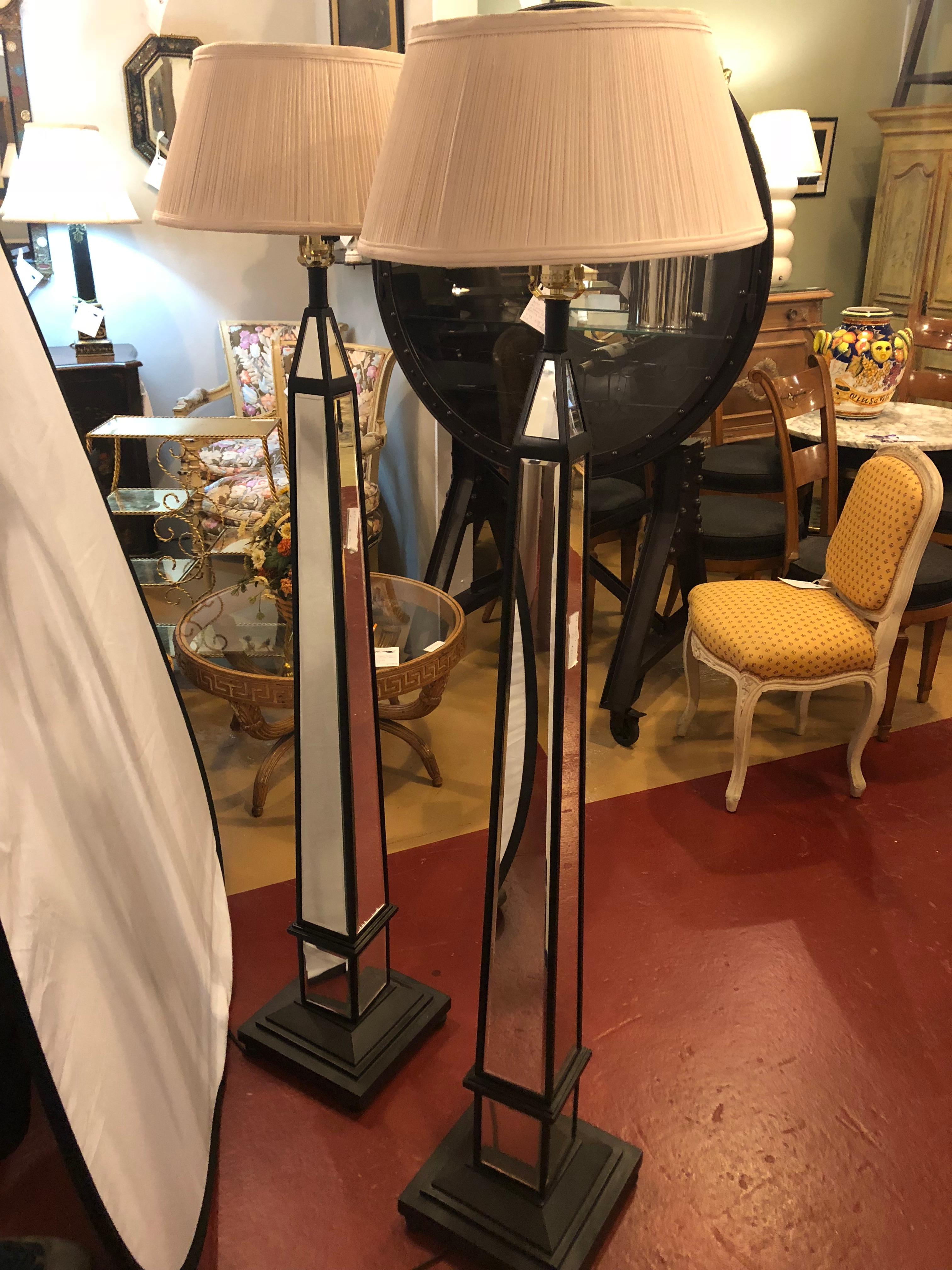 Pair of Mirror and Ebony Obelisk Style Floor Lamps 3