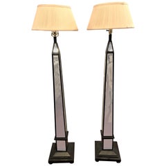 Pair of Mirror and Ebony Obelisk Style Floor Lamps