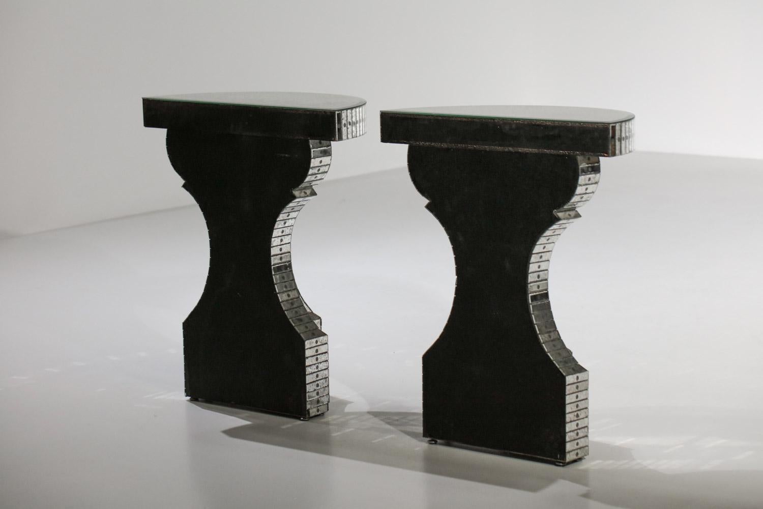 Pair of Mirror Consoles Oxidized Work in the Style of Serge Roche French 14
