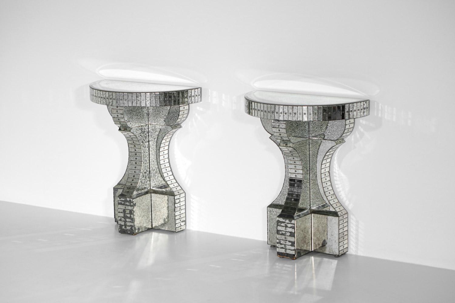 Late 20th Century Pair of Mirror Consoles Oxidized Work in the Style of Serge Roche French