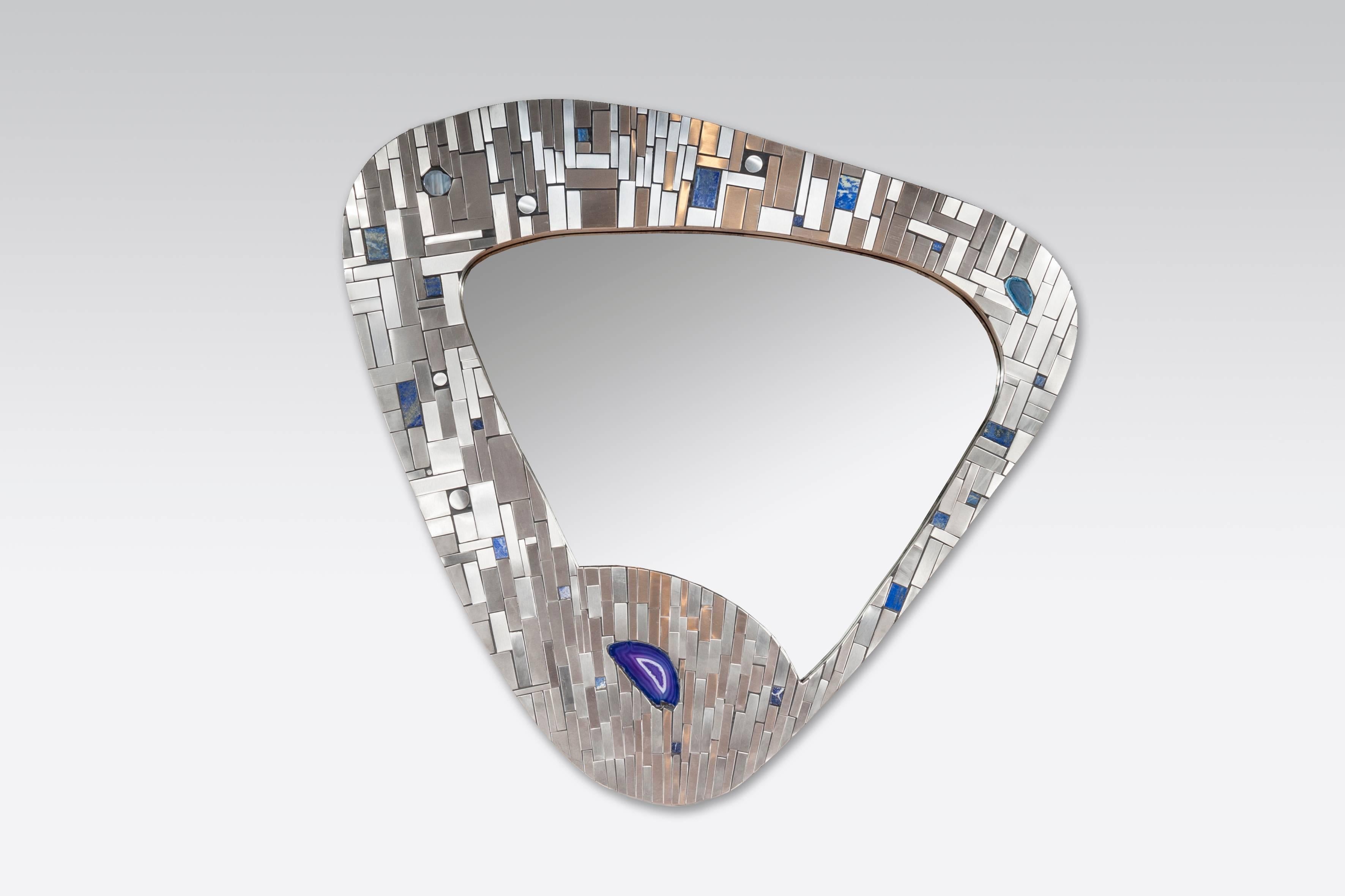 Inlay Pair of Mirror in Mosaic Stainless Steel, Agates and Lapis Lazuli by Stan Usel
