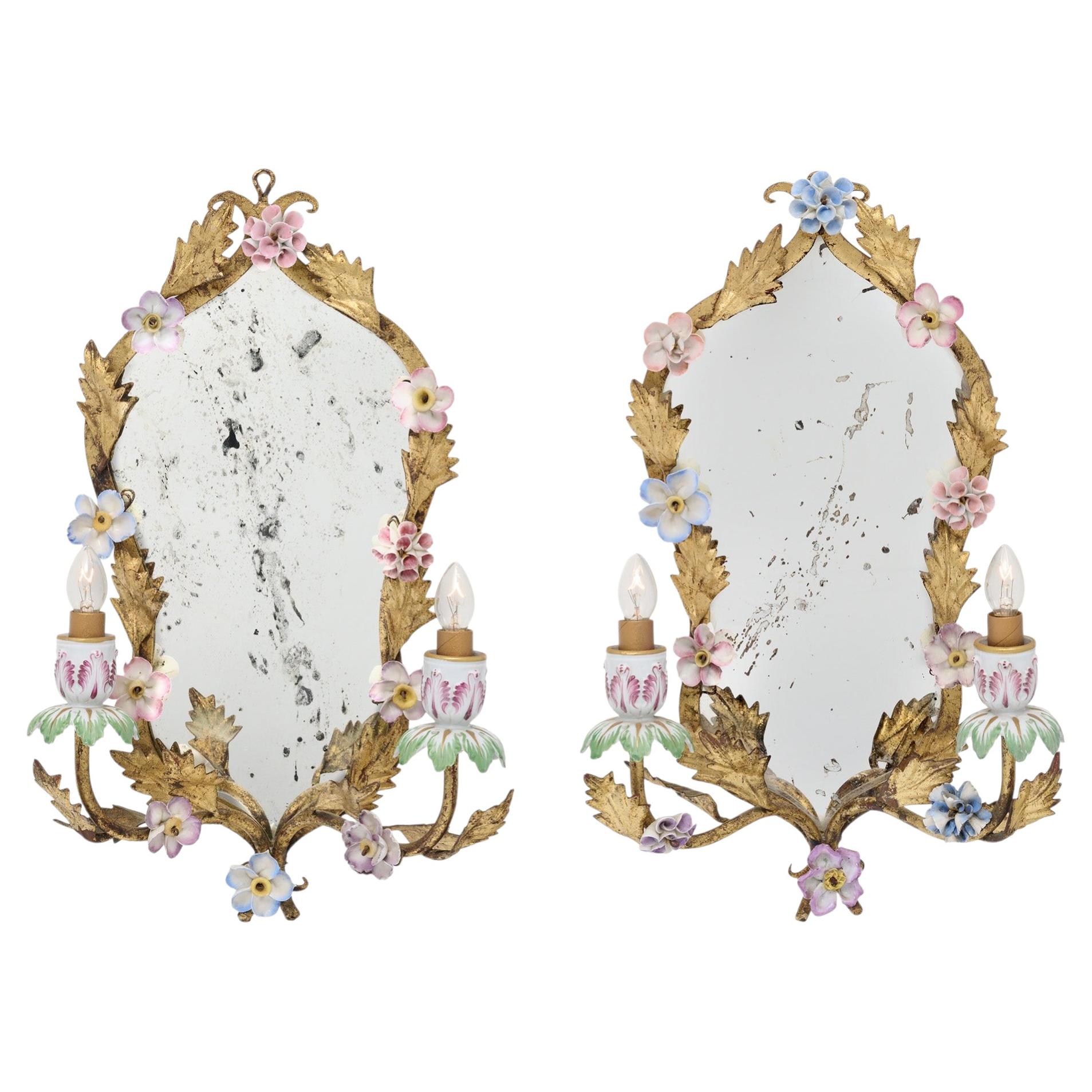 Pair of Mirror Sconces, Italian Antique, Floral and Tole