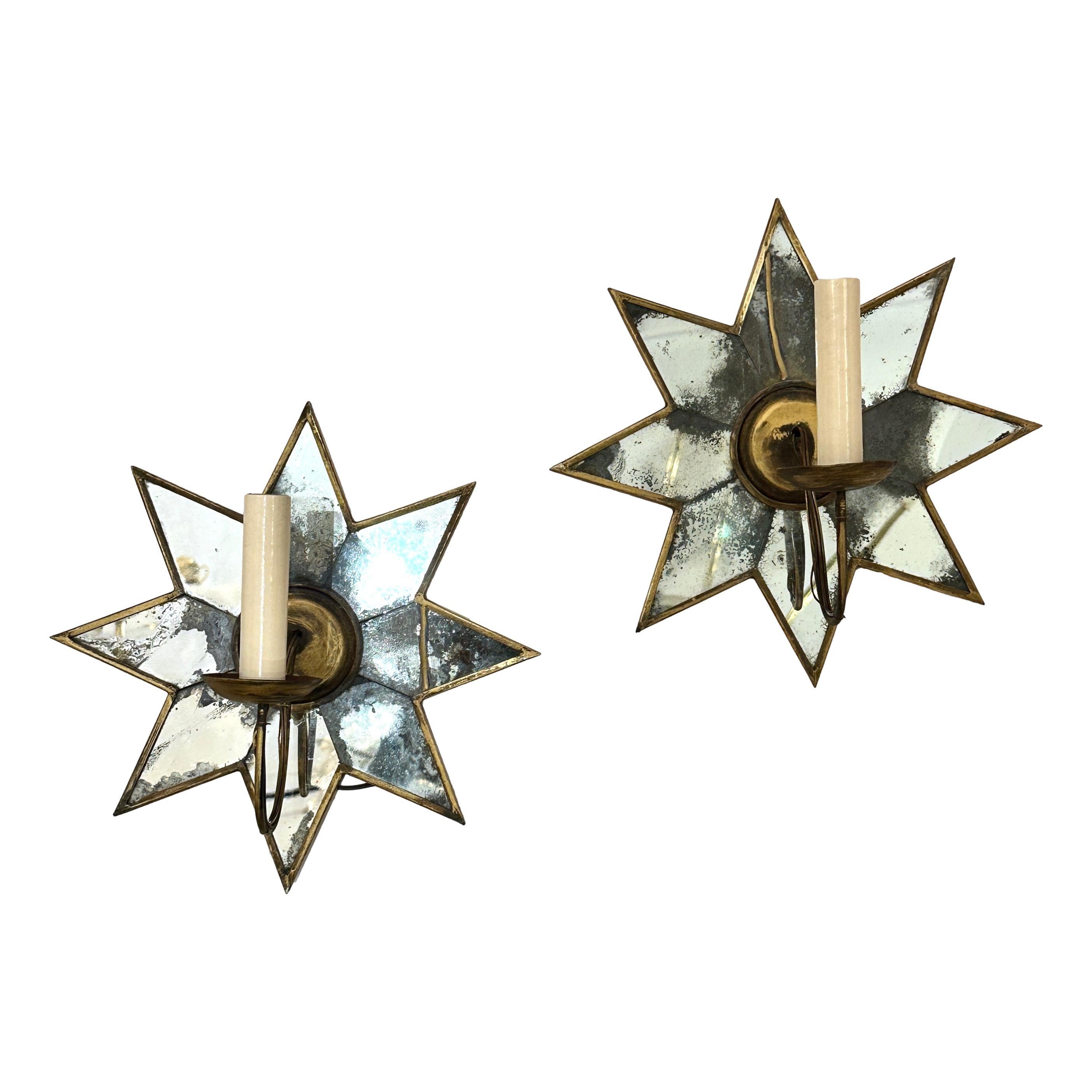 French Pair of Mirror Star Sconces For Sale
