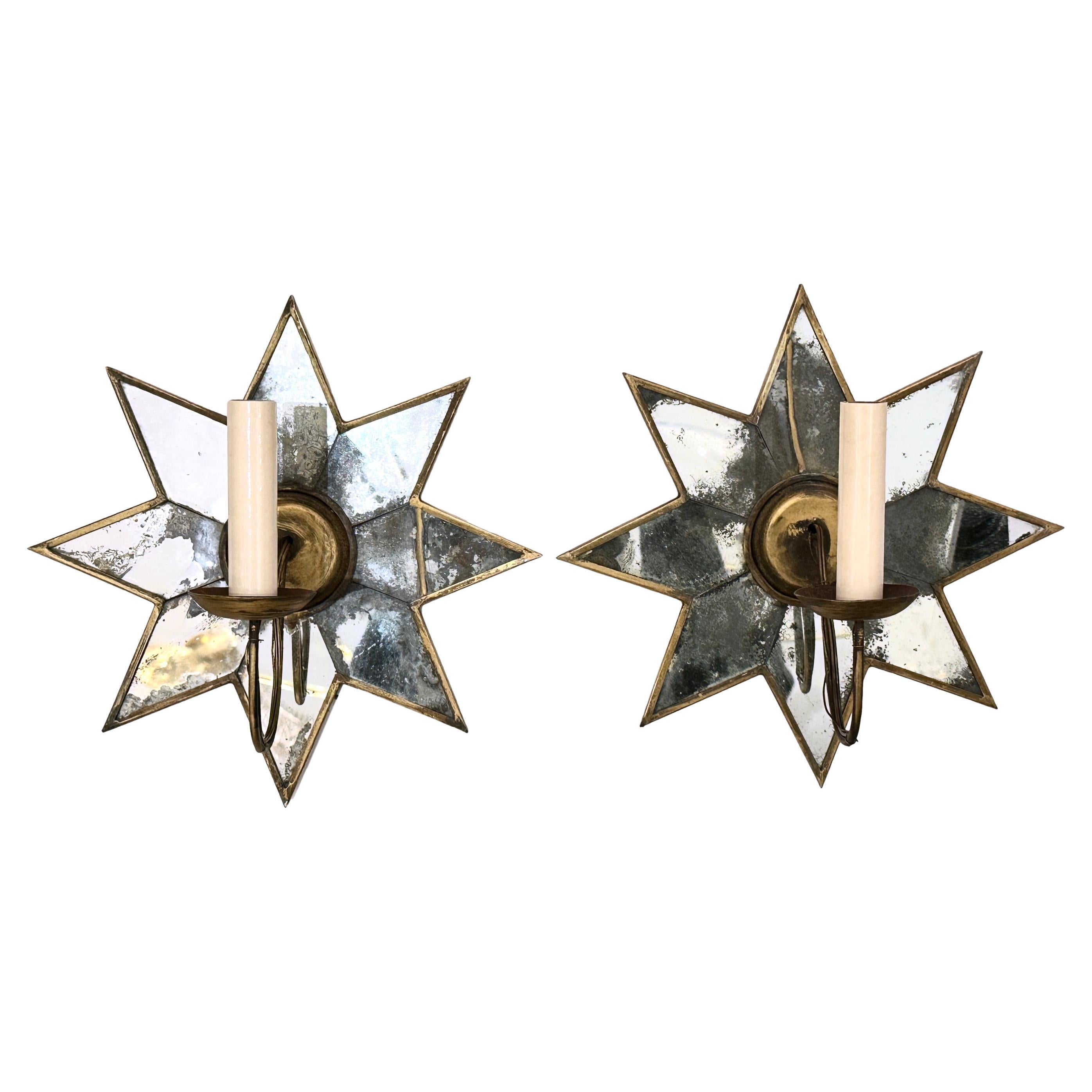 Pair of Mirror Star Sconces For Sale