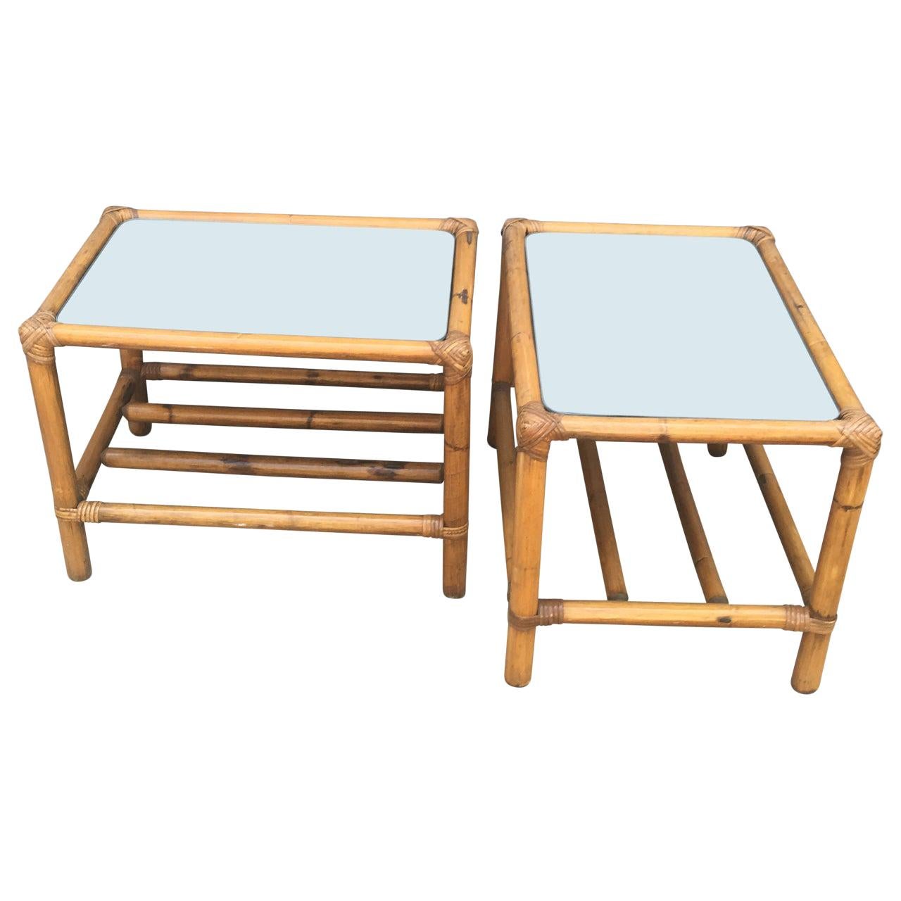 Pair of Mirror-Top Bamboo End Tables For Sale