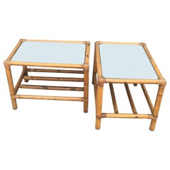 Retro Pair of Mirror-Top Bamboo End Tables