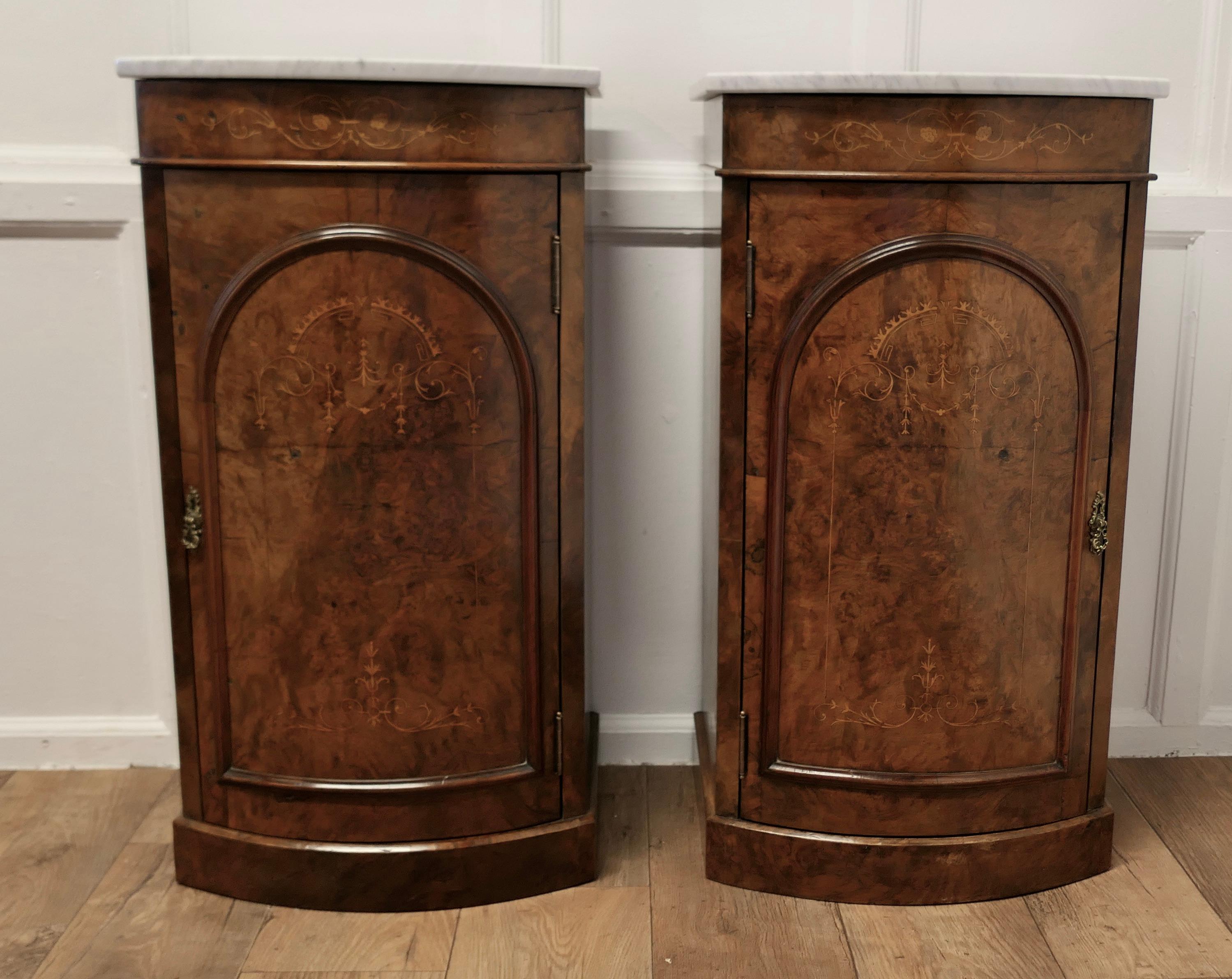 Pair of Mirror Veneer Burr Walnut and Marble Side Cabinets or Bedside Cupboards 

 This is a very attractive pair, and they are a true pair with the doors opening in opposite directions, each one is shelved on the inside of the cupboard 
The