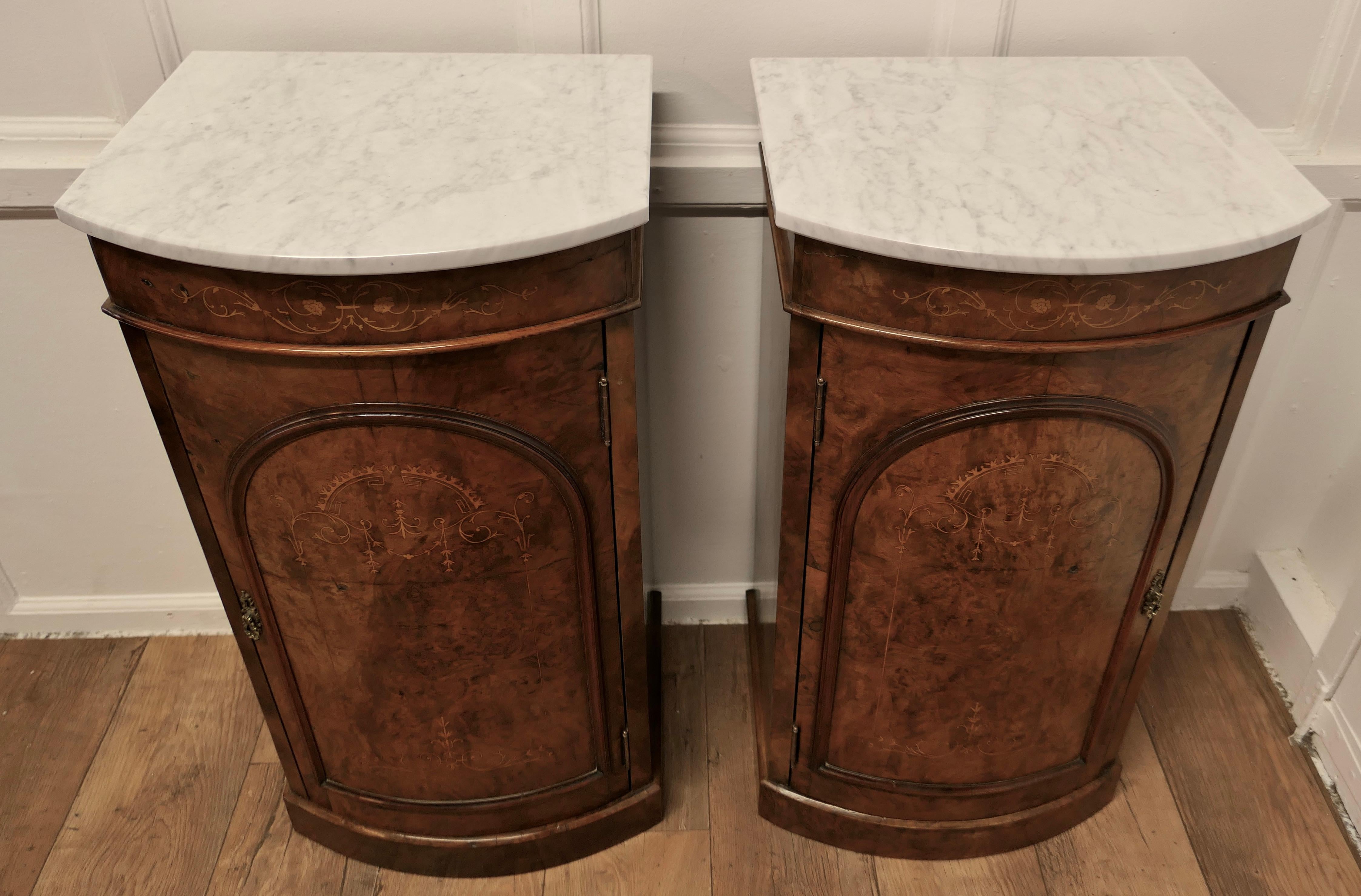 Victorian Pair of Mirror Veneer Burr Walnut and Marble Side Cabinets or Bedside Cupboards For Sale