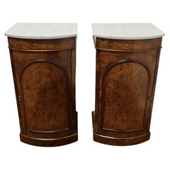 Pair of Mirror Veneer Burr Walnut and Marble Side Cabinets or Bedside Cupboards
