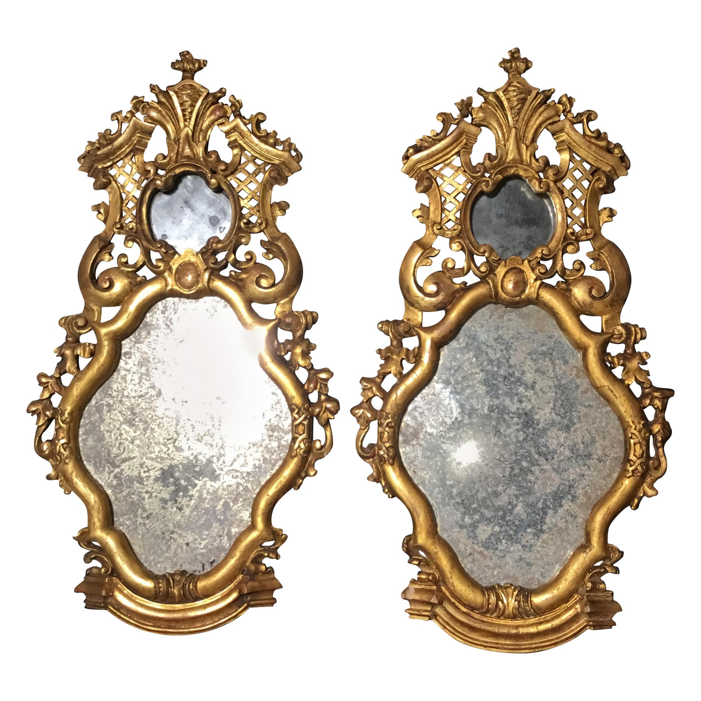 Pair of Mirrored and Carved Giltwood Sconces, French, 19th Century