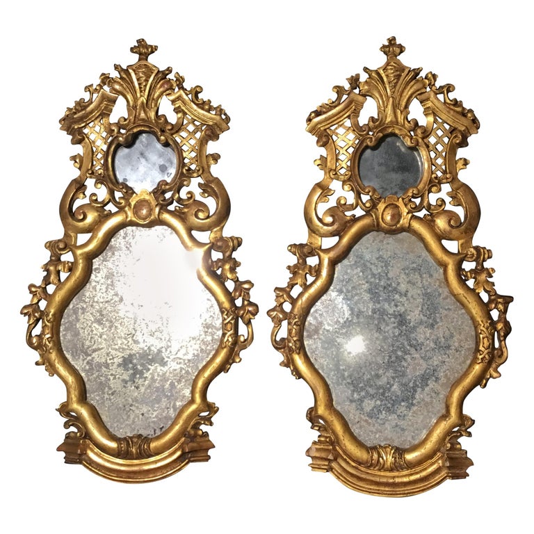 Pair of Mirrored and Carved Giltwood Sconces, French, 19th Century with carving For Sale