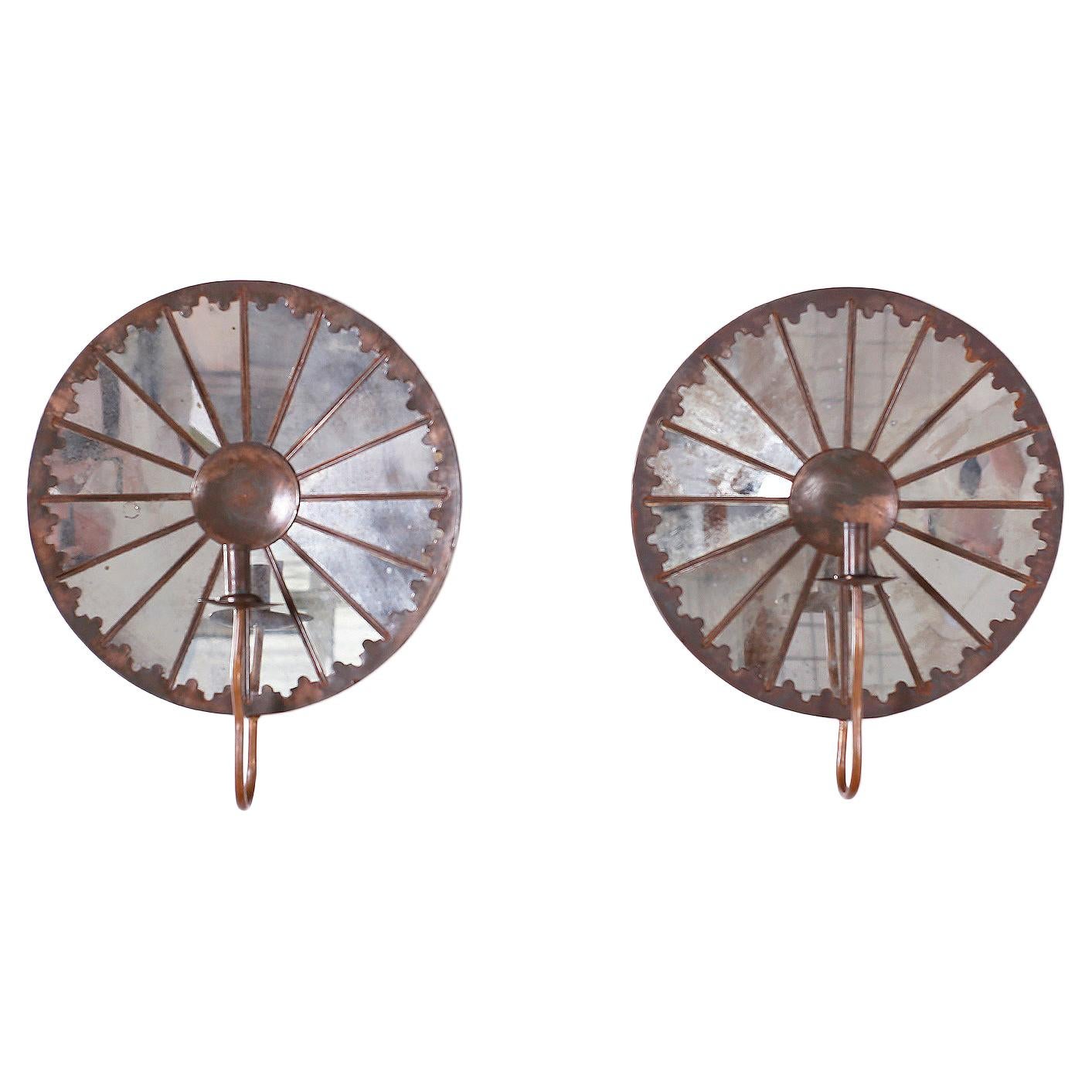 Pair of Mirrored and Copper Wall Sconces