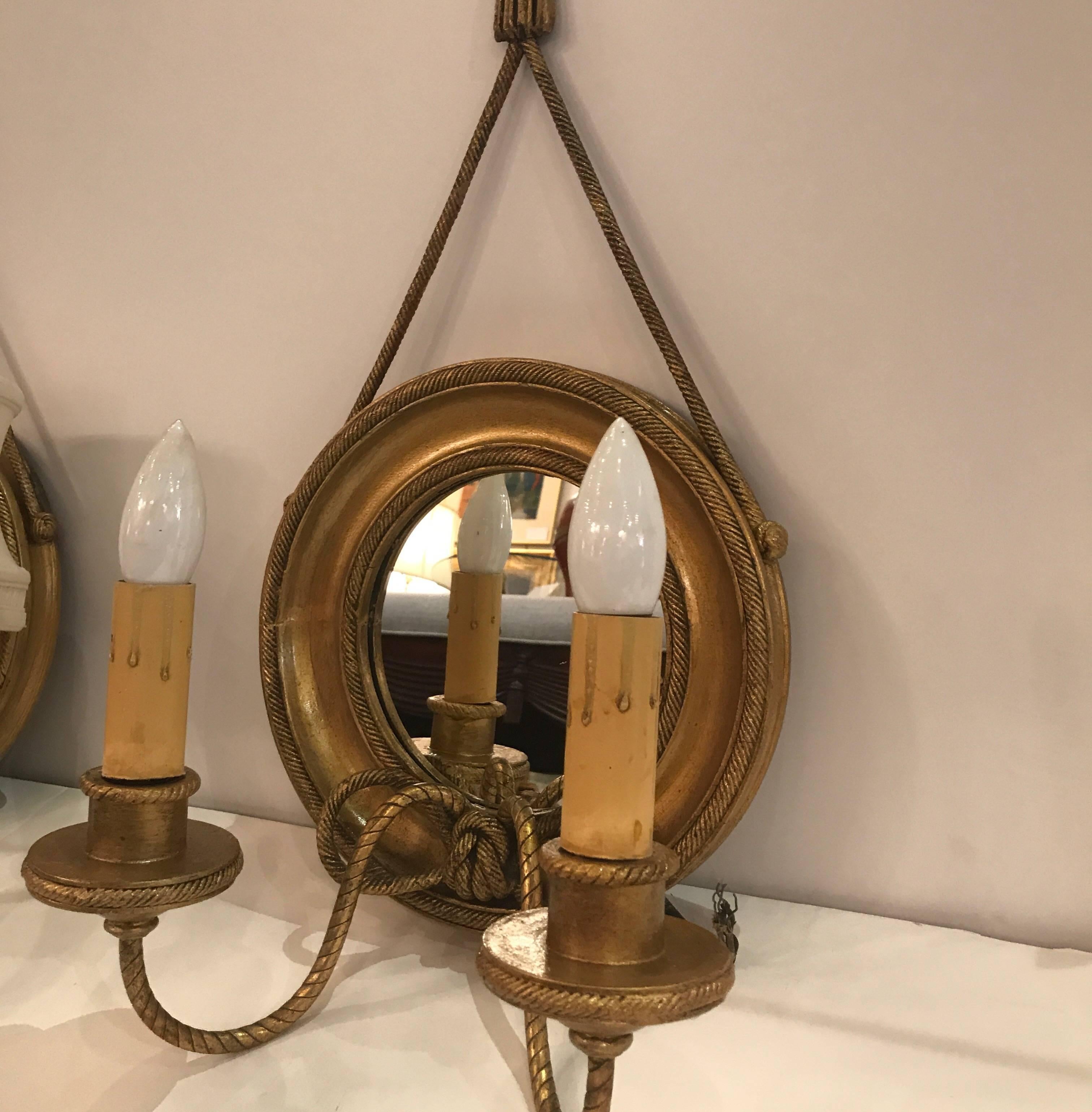 Regency Pair of Mirrored and Giltwood Two Light Bullseye Sconces NYC, circa 1910