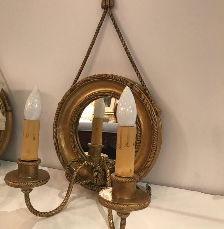 Regency Pair of Mirrored and Giltwood Two Light Bullseye Sconces NYC, circa 1910 For Sale