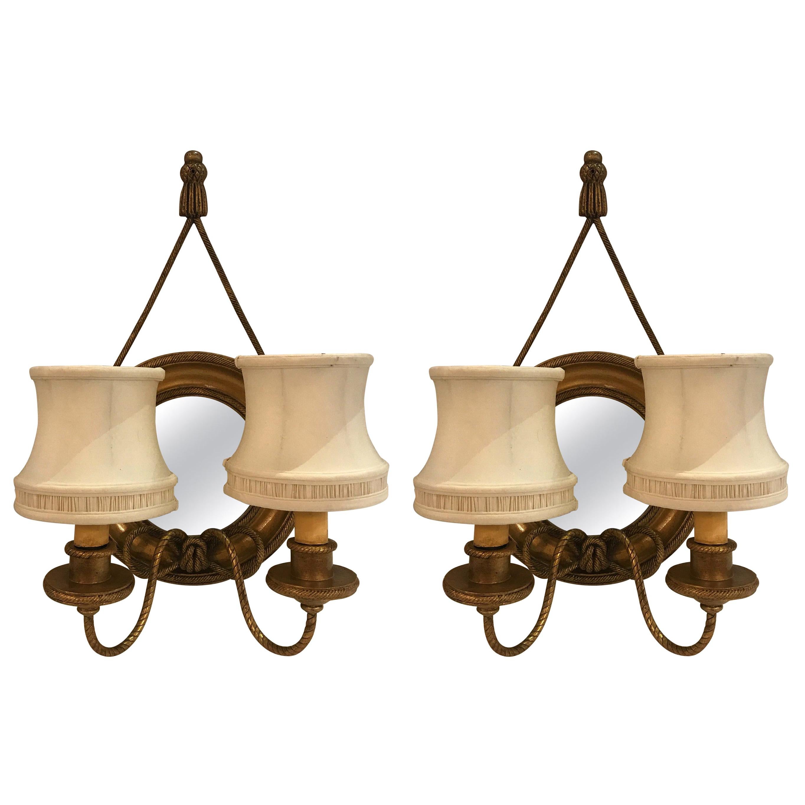 Pair of Mirrored and Giltwood Two Light Bullseye Sconces NYC, circa 1910 For Sale