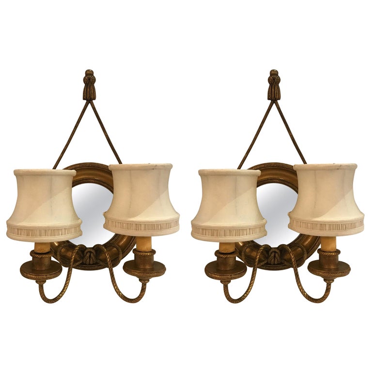 Pair of Mirrored and Giltwood Two Light Bullseye Sconces NYC, circa 1910 For Sale