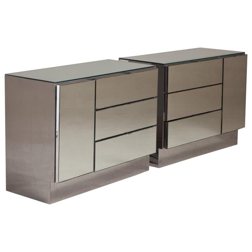 Pair of Mirrored and Steel Wrapped Side Cabinets, 1960s