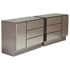 Pair of Mirrored and Steel Wrapped Side Cabinets, 1960s