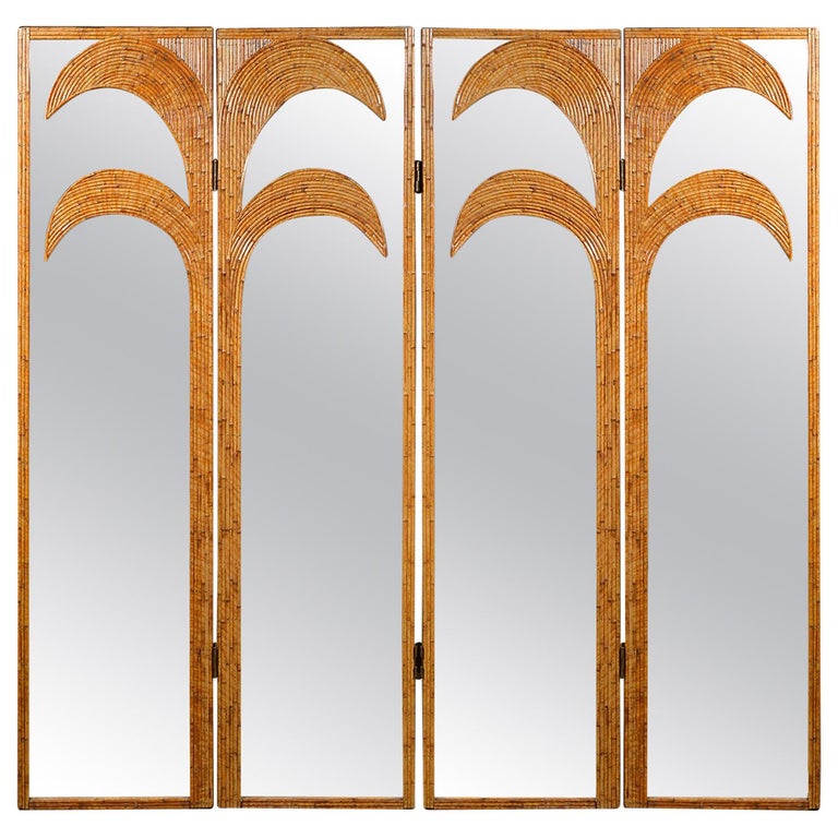 Pair of Mirrored Bamboo Rattan Palm Tree Folding Screens by Vivai del Sud, Italy