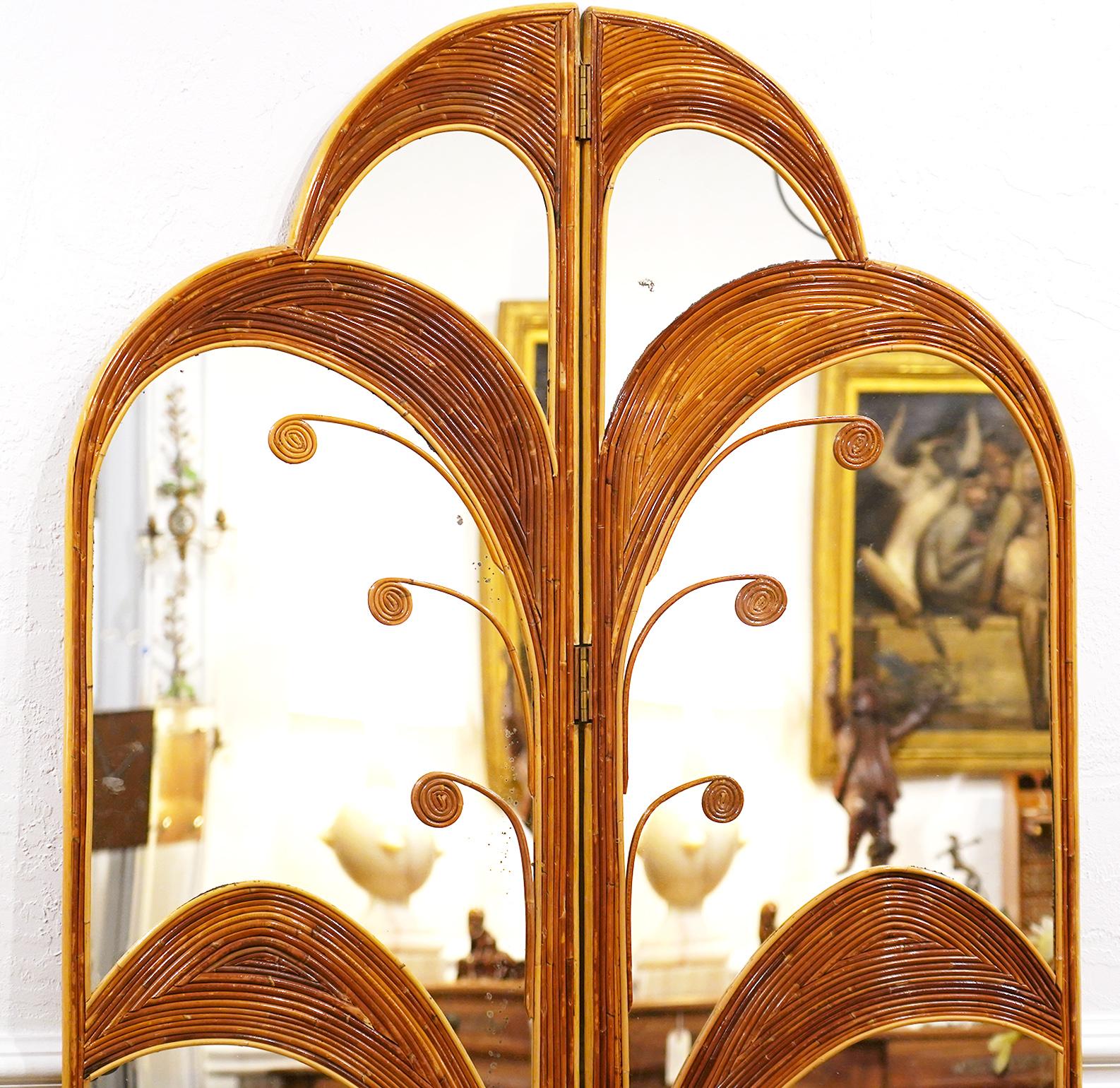 Mid-Century Modern Pair of Mirrored Bamboo Rattan Palm Tree Folding Screens Style of Vivai del Sud