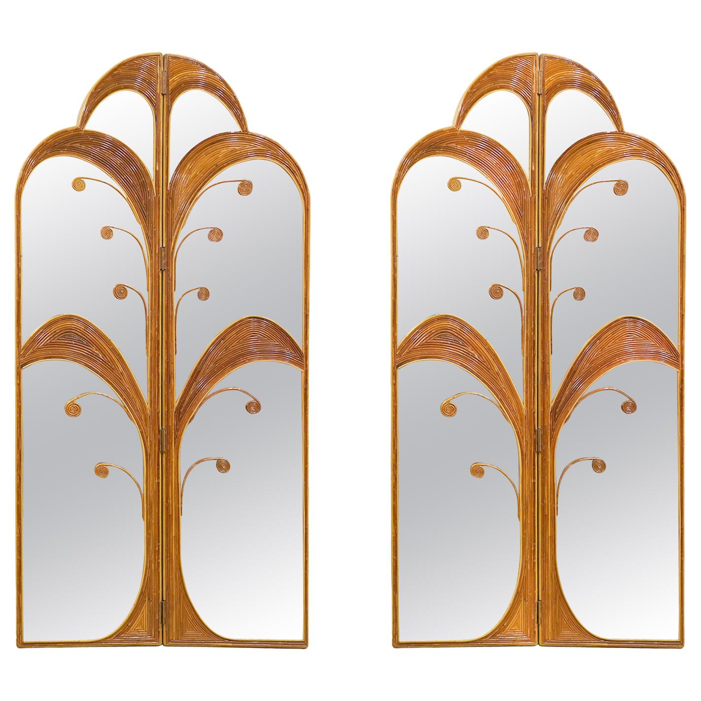 Pair of Mirrored Bamboo Rattan Palm Tree Folding Screens Style of Vivai del Sud