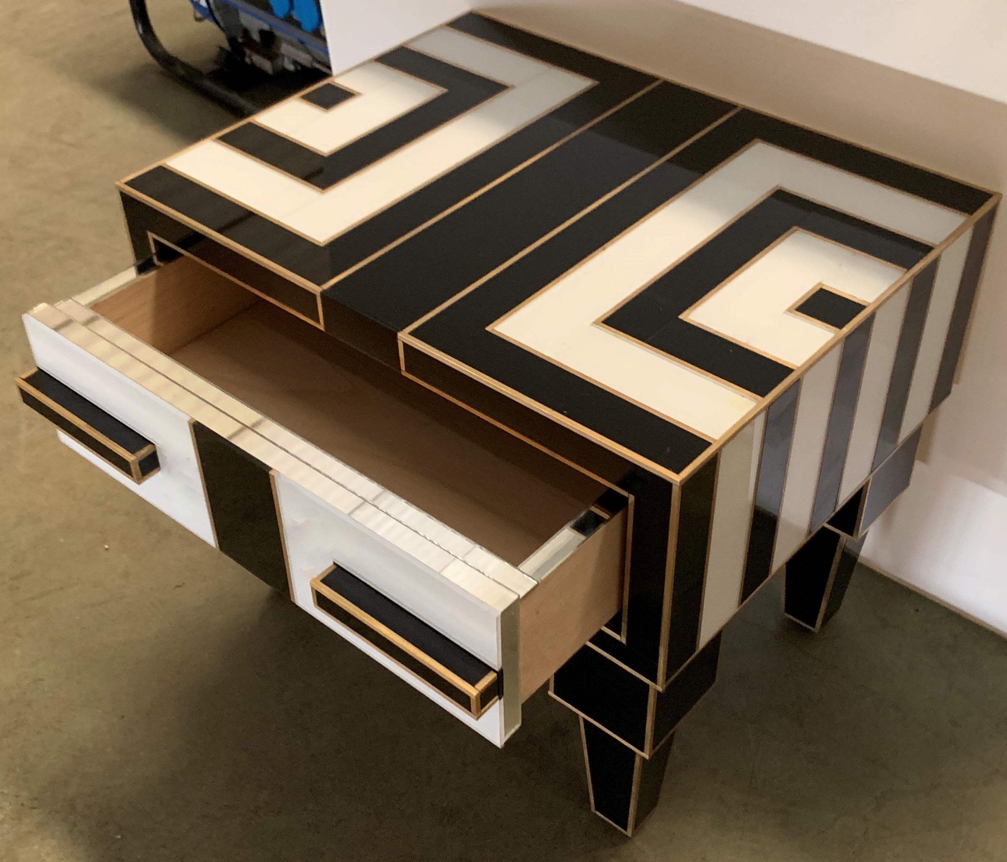 Pair of Mirrored and Brass Nightstands with One-Drawer in Black and White 6