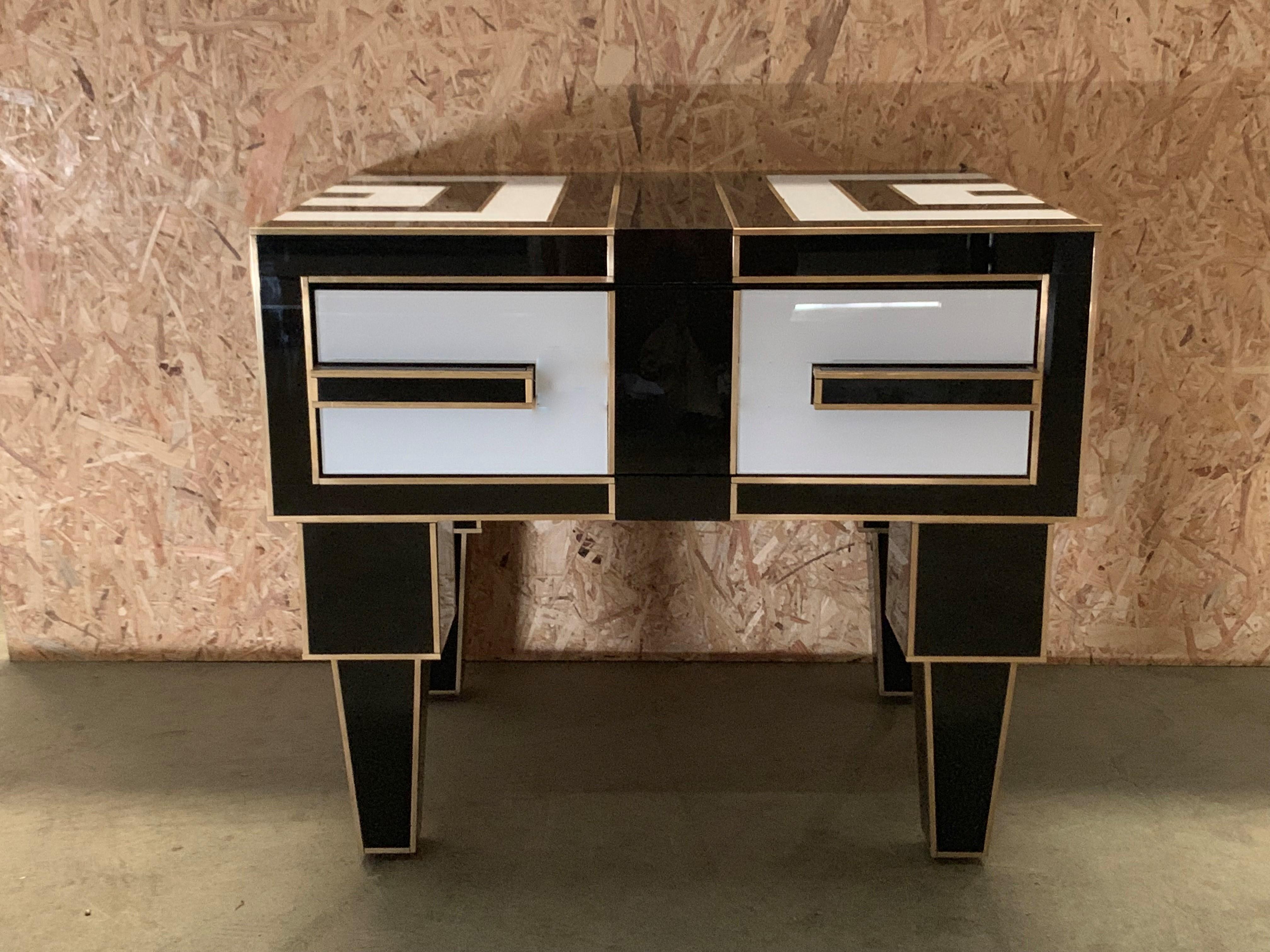 Spanish Pair of Mirrored and Brass Nightstands with One-Drawer in Black and White