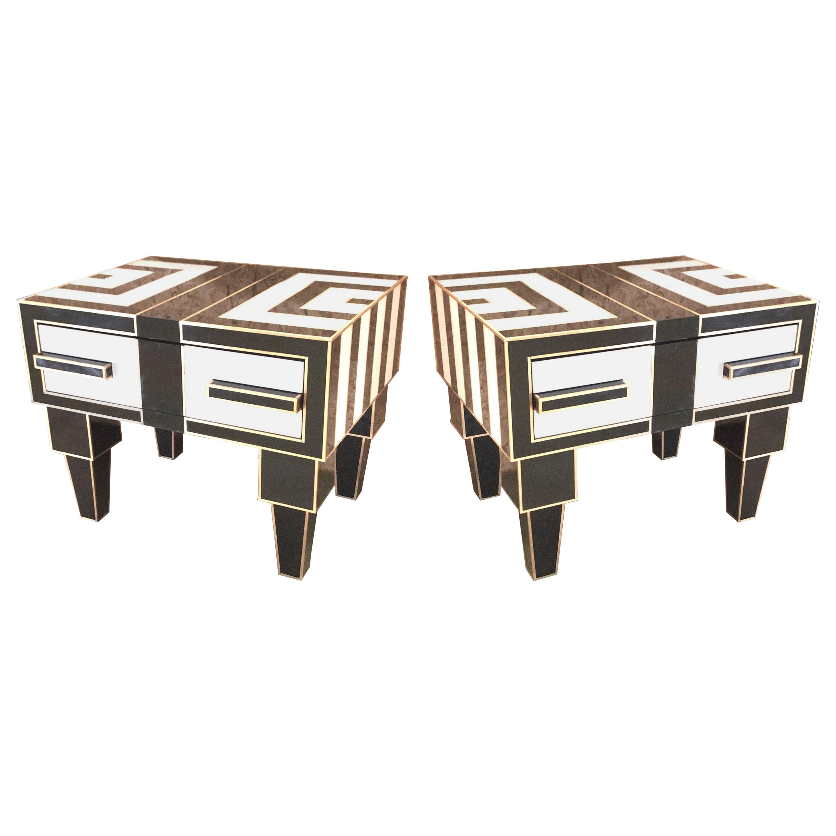 Pair of Mirrored and Brass Nightstands with One-Drawer in Black and White