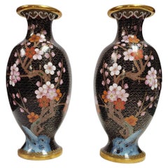 Vintage Pair of Mirrored Chinese Cloisonne Enamel Vase with Flower and Bird Motif