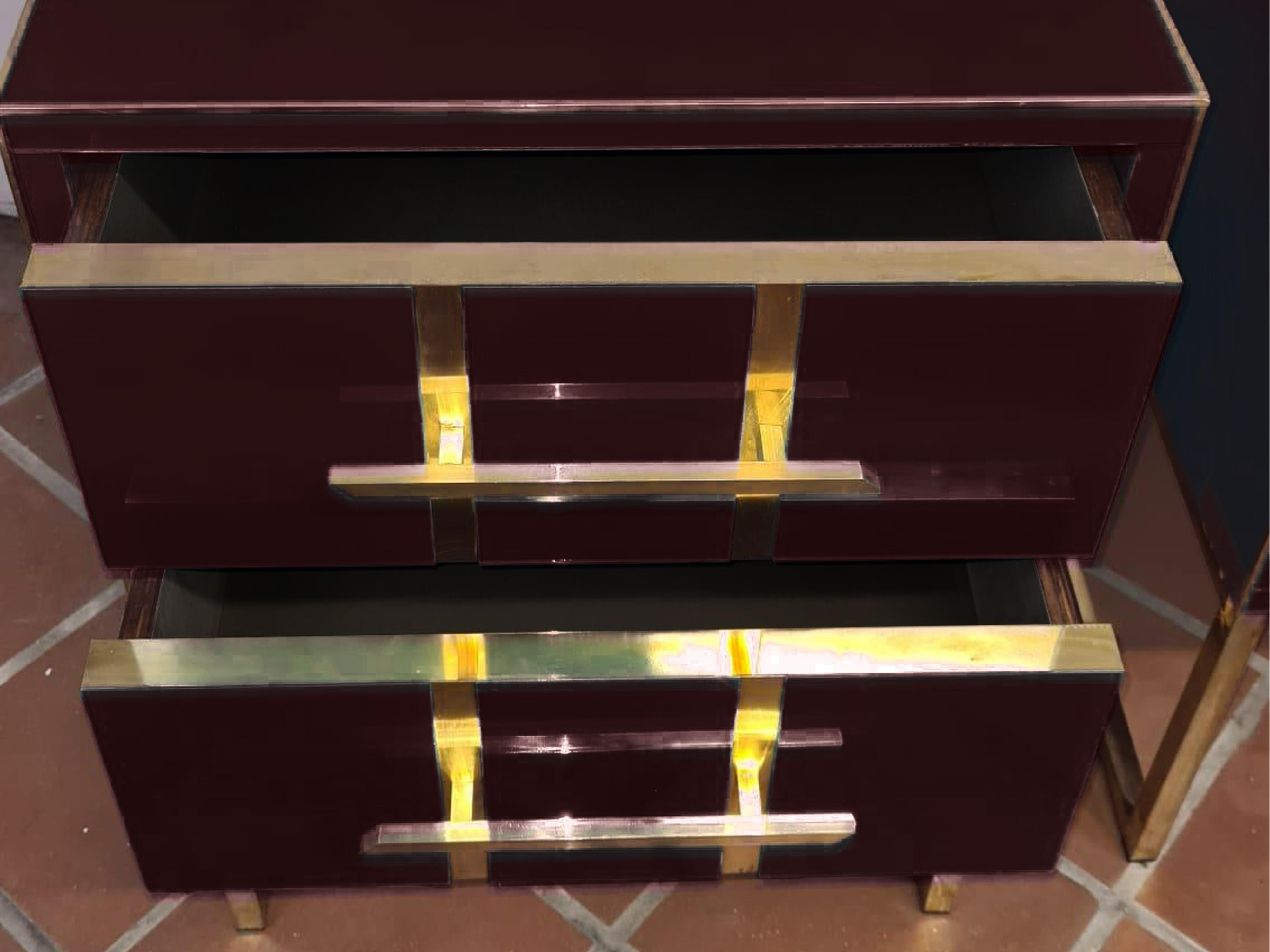 Italian Pair of Mirrored Dark Red glass Bedside Tables with Brass Ornaments, 1950s Style For Sale