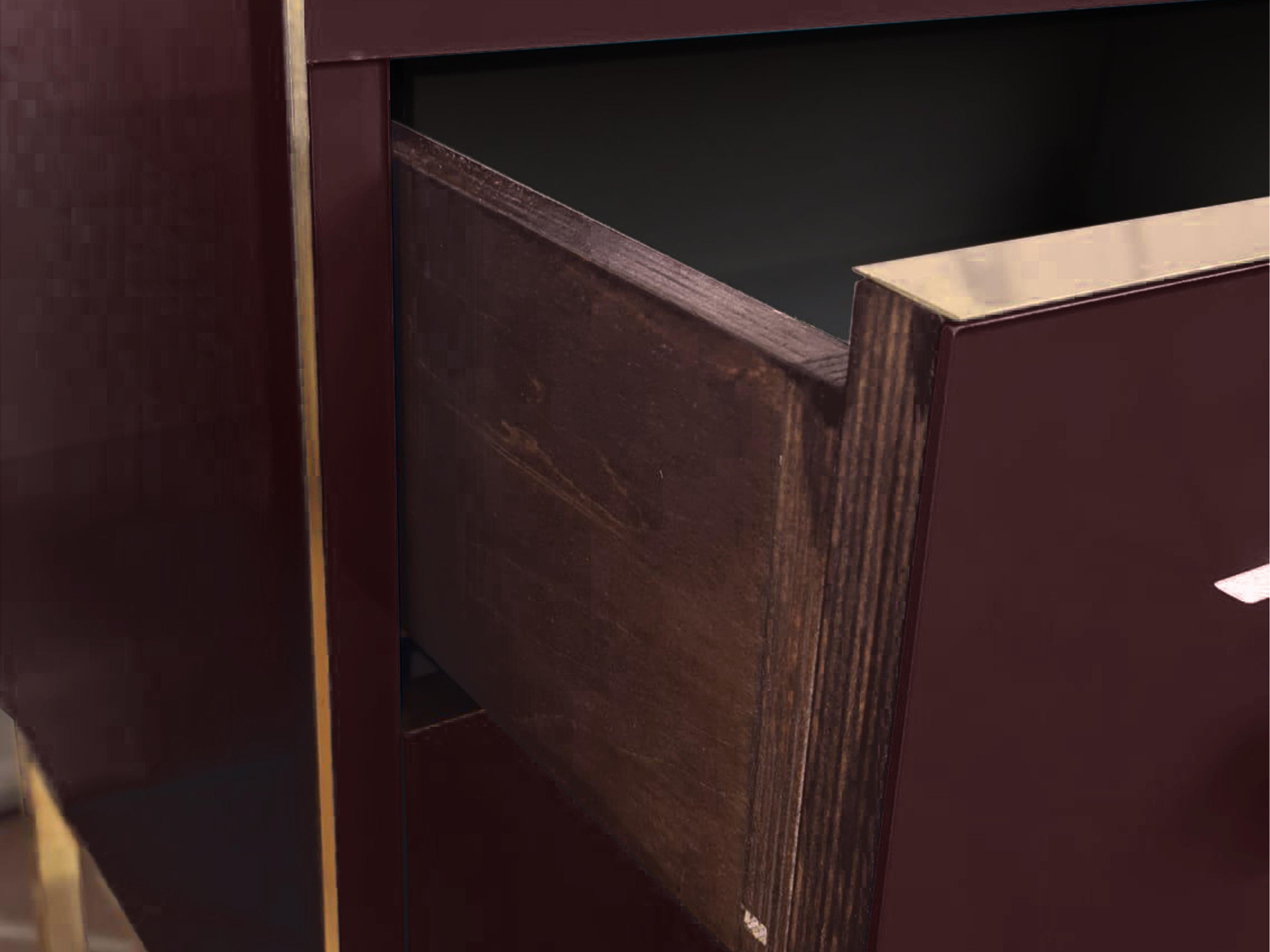 Carved Pair of Mirrored Dark Red glass Bedside Tables with Brass Ornaments, 1950s Style For Sale