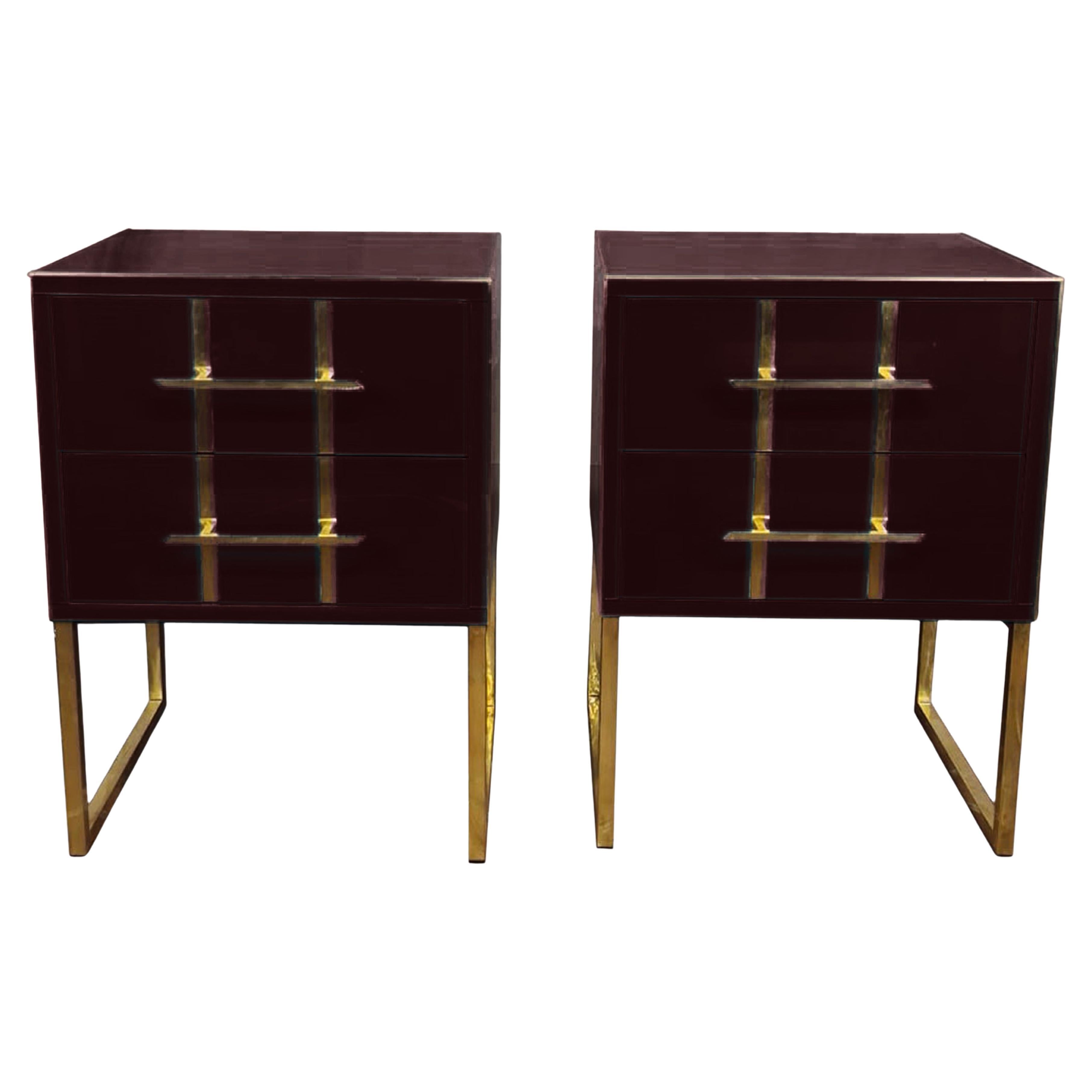 Pair of Mirrored Dark Red glass Bedside Tables with Brass Ornaments, 1950s Style