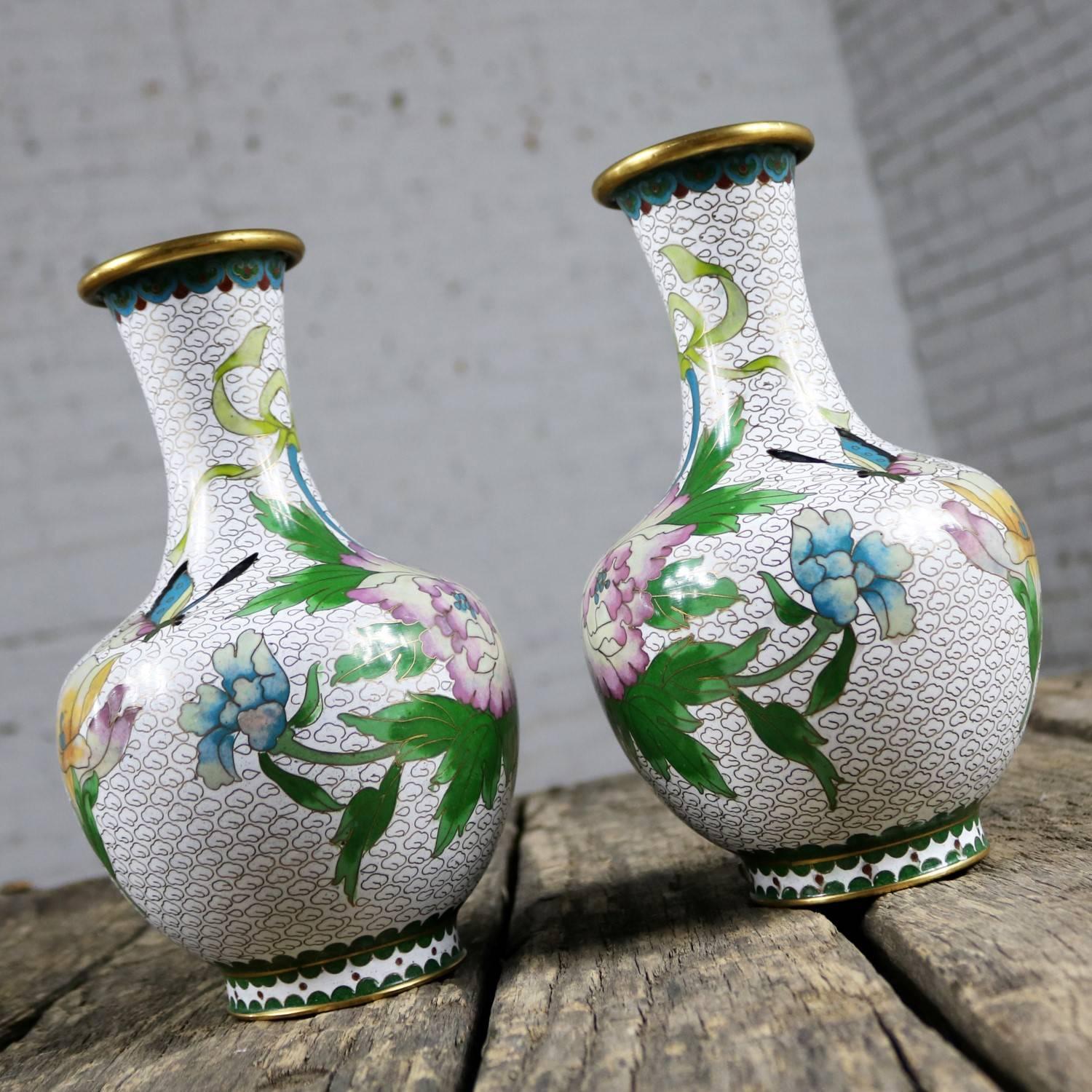 Chinese Export Pair of Mirrored Design White Cloisonné Vases Multicolored Floral and Butterfly