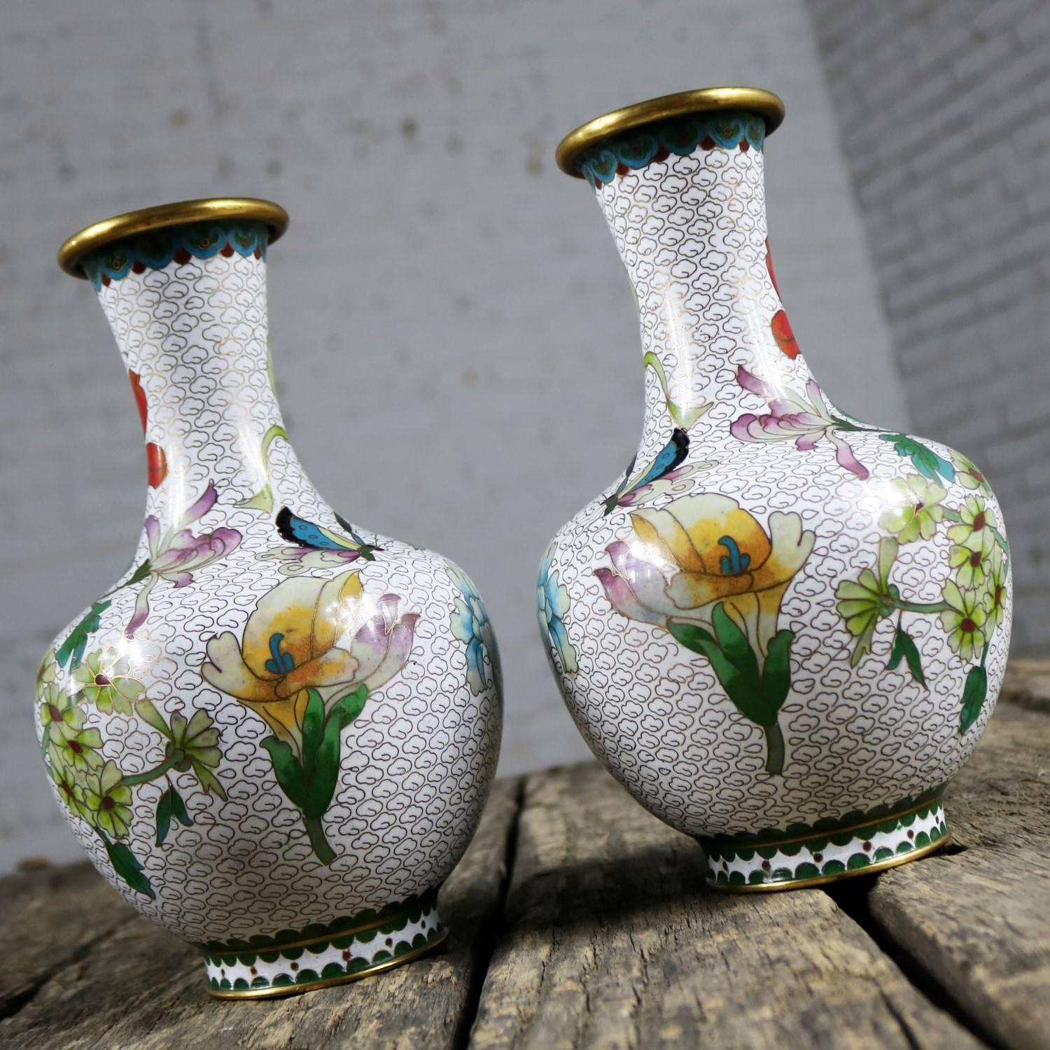 Chinese Pair of Mirrored Design White Cloisonné Vases Multicolored Floral and Butterfly