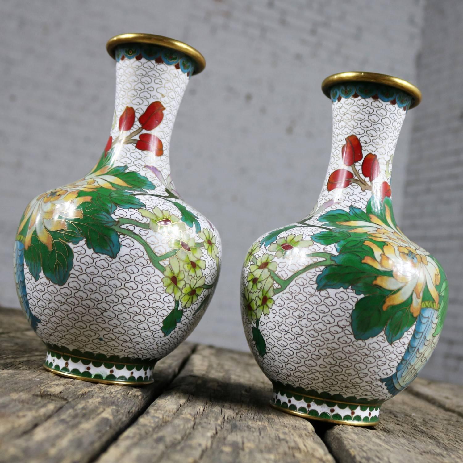 Pair of Mirrored Design White Cloisonné Vases Multicolored Floral and Butterfly In Good Condition In Topeka, KS