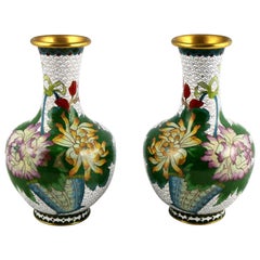 Pair of Mirrored Design White Cloisonné Vases Multicolored Floral and Butterfly